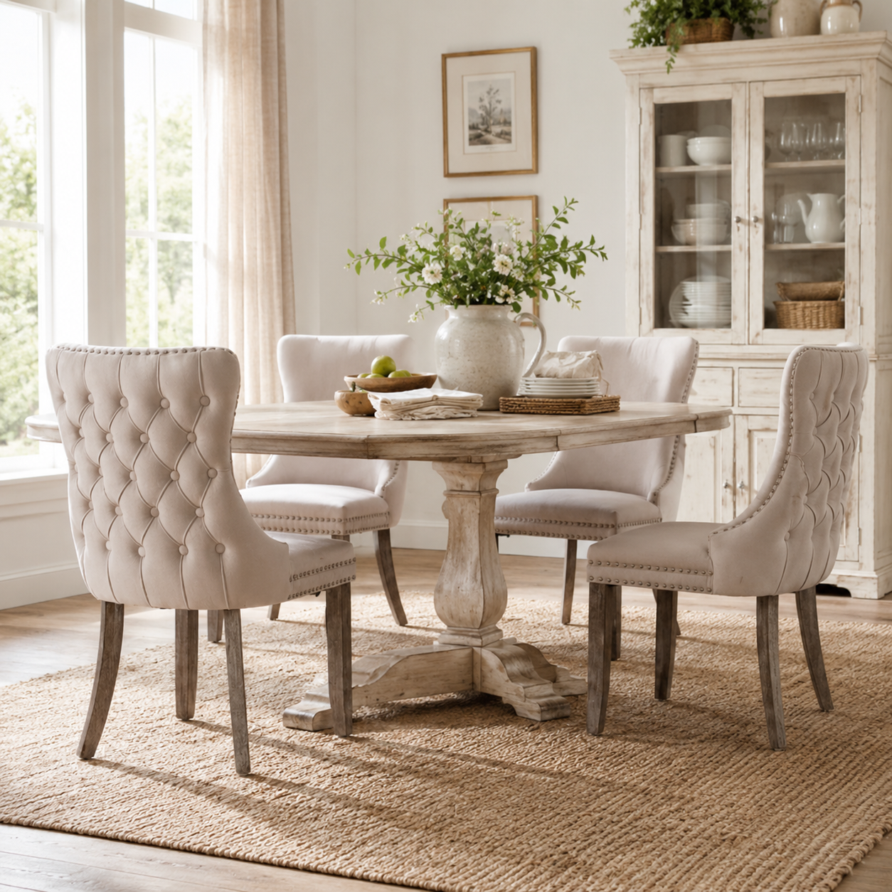 Missouri beige tufted dining chairs arranged around a wood table in a sunlit room