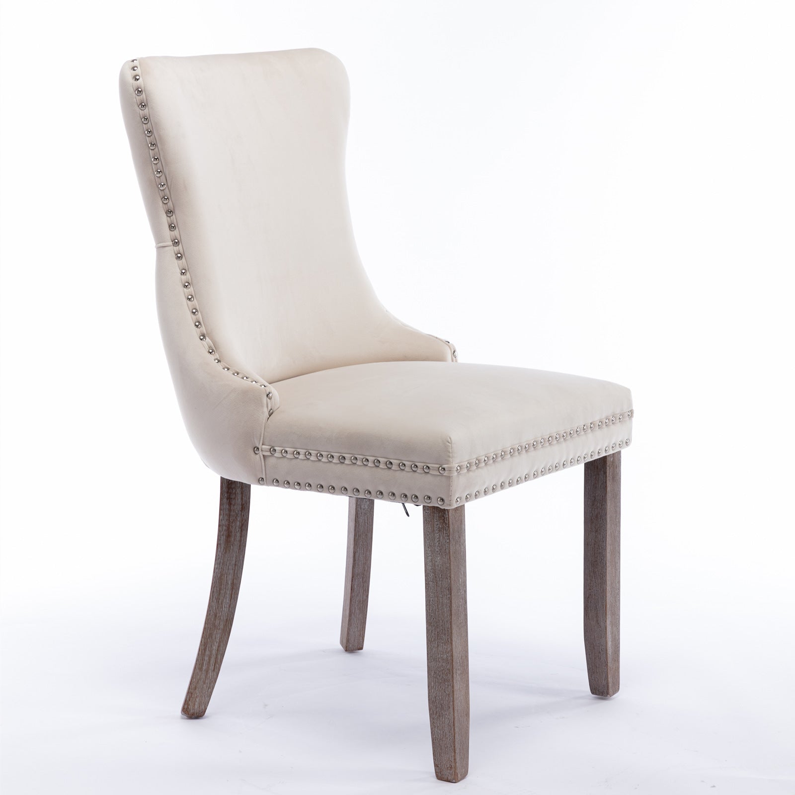 Missouri beige dining chair front angled view with solid wood legs on white background