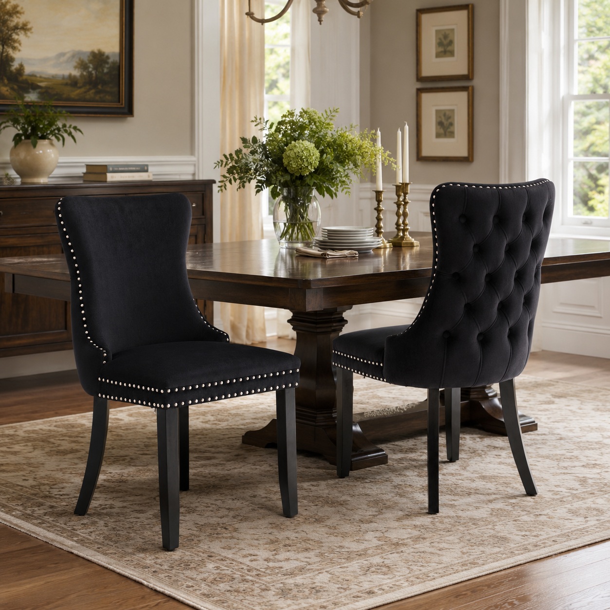 Missouri black upholstered dining chairs with tufted backs and solid wood legs around a dining table