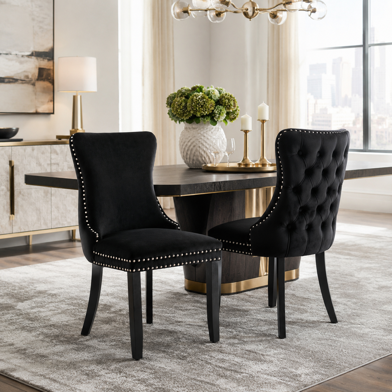 Missouri black upholstered dining chair set in a modern dining room with neutral decor