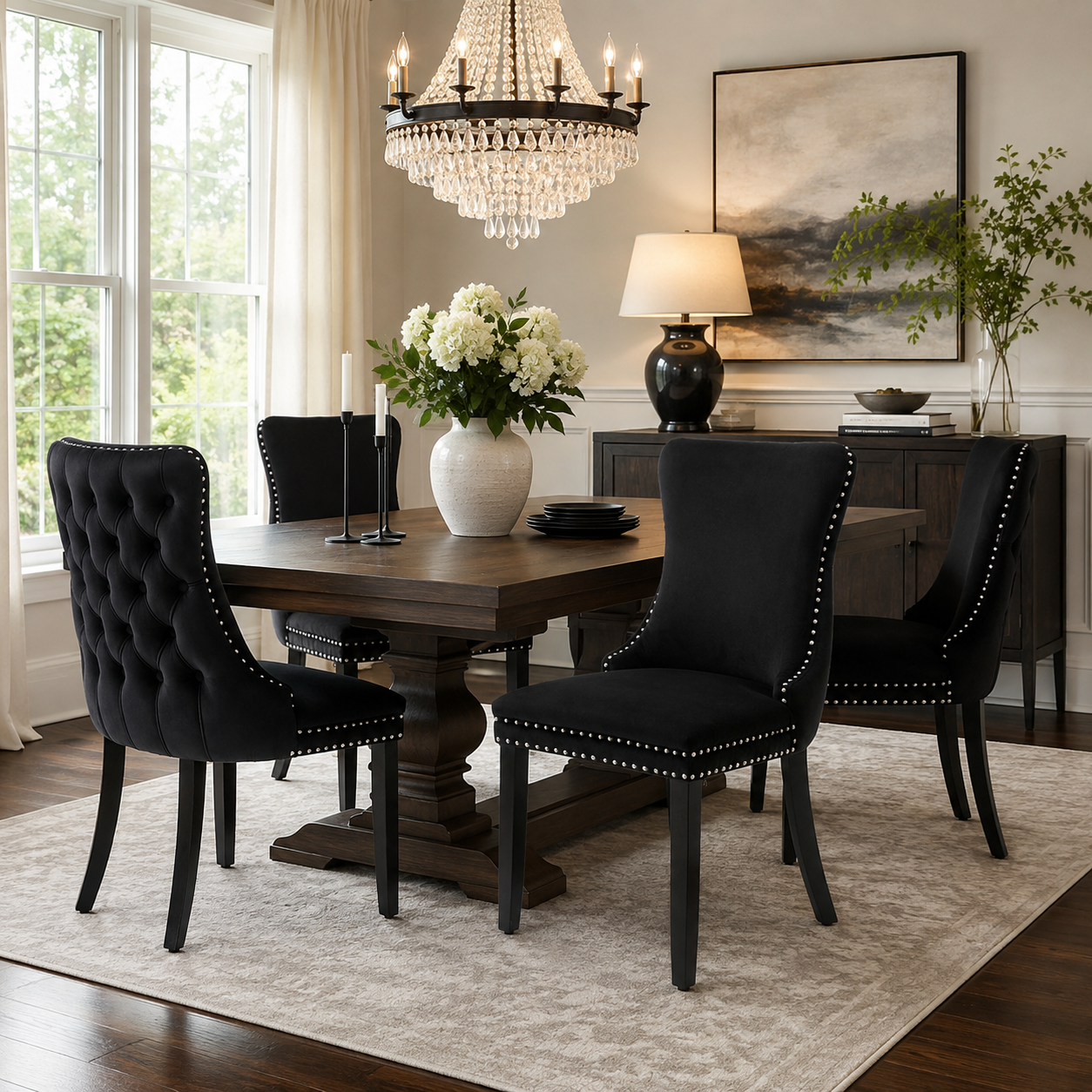 Missouri black dining chairs with button tufting arranged around a wood dining table