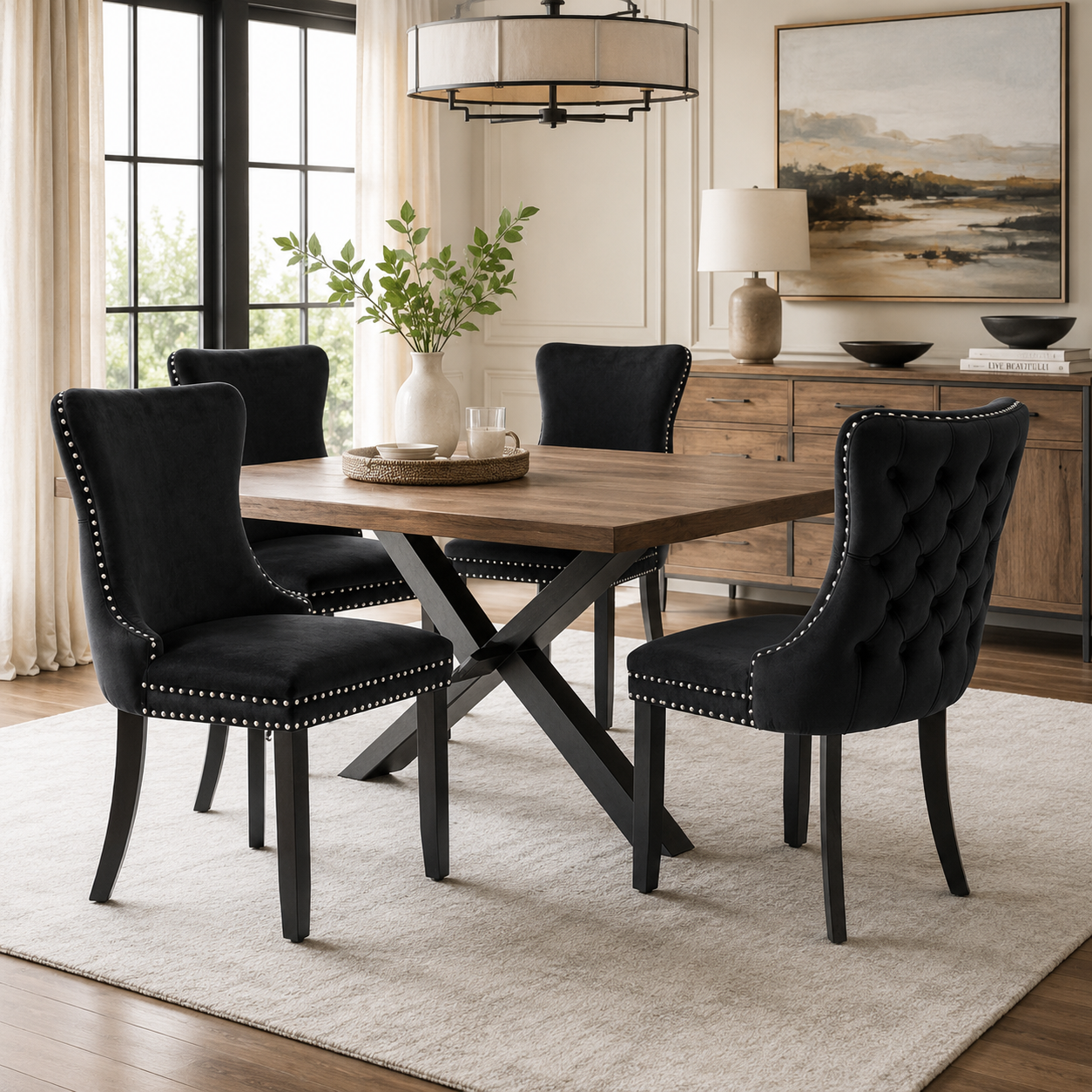 Missouri black dining chairs with button tufting arranged around a wood dining table
