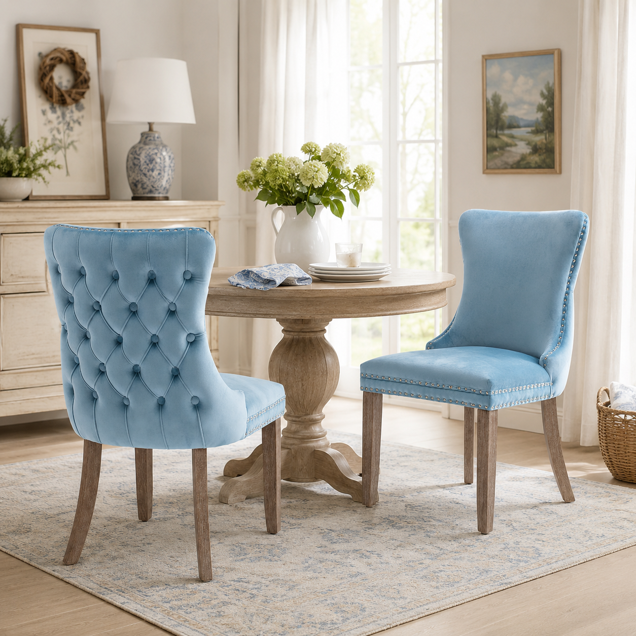 Missouri blue dining chairs with solid wood legs arranged around a round dining table
