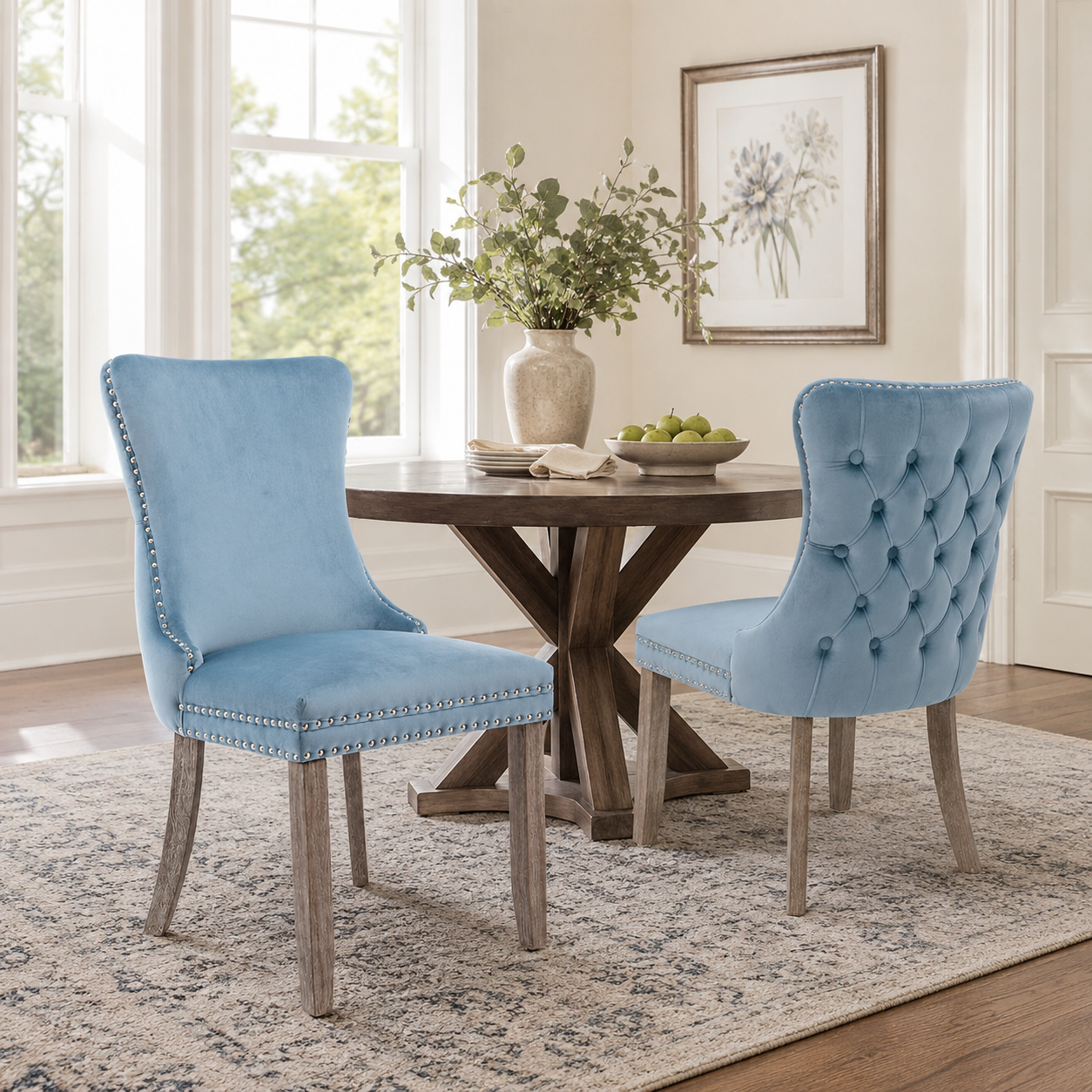 Missouri blue tufted dining chair set in a warm dining room with natural wood furniture