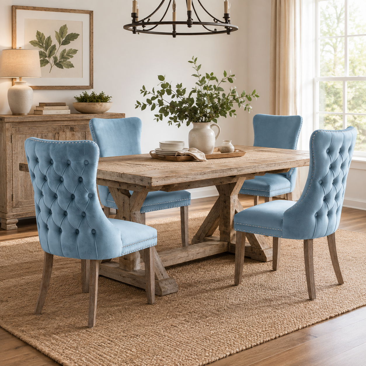 Missouri blue upholstered dining chairs around a wood table in a bright contemporary space