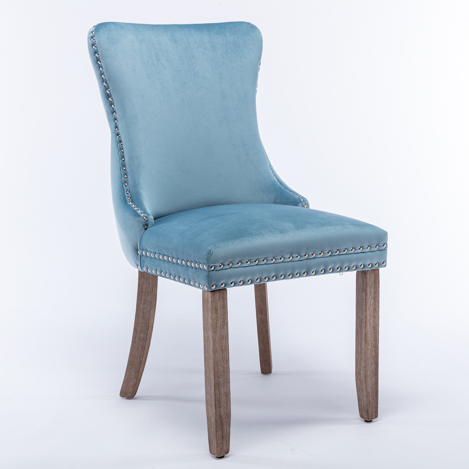 Missouri blue dining chair front angled view with solid wood legs on white background
