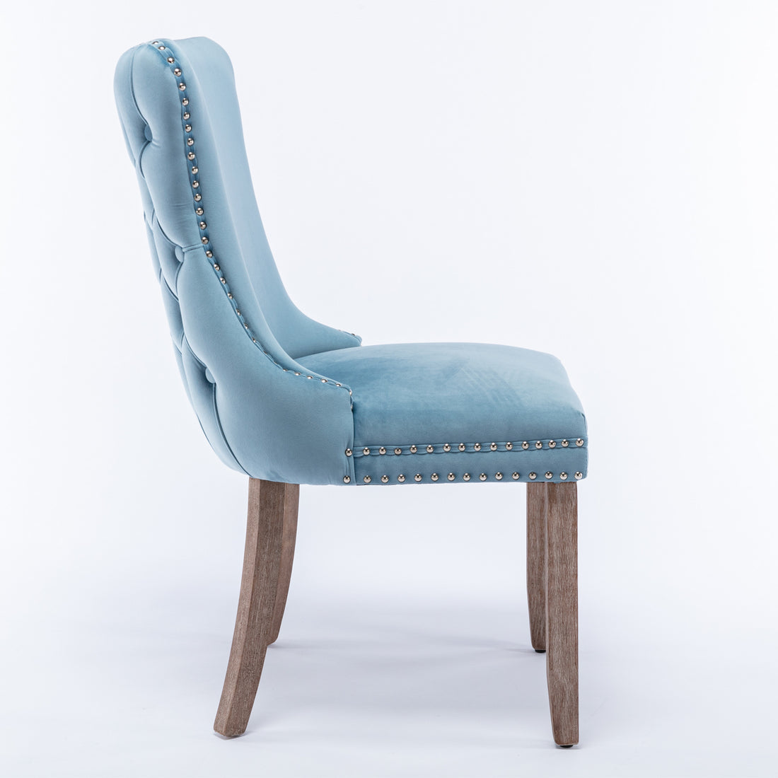 Missouri blue upholstered dining chair side view on white background