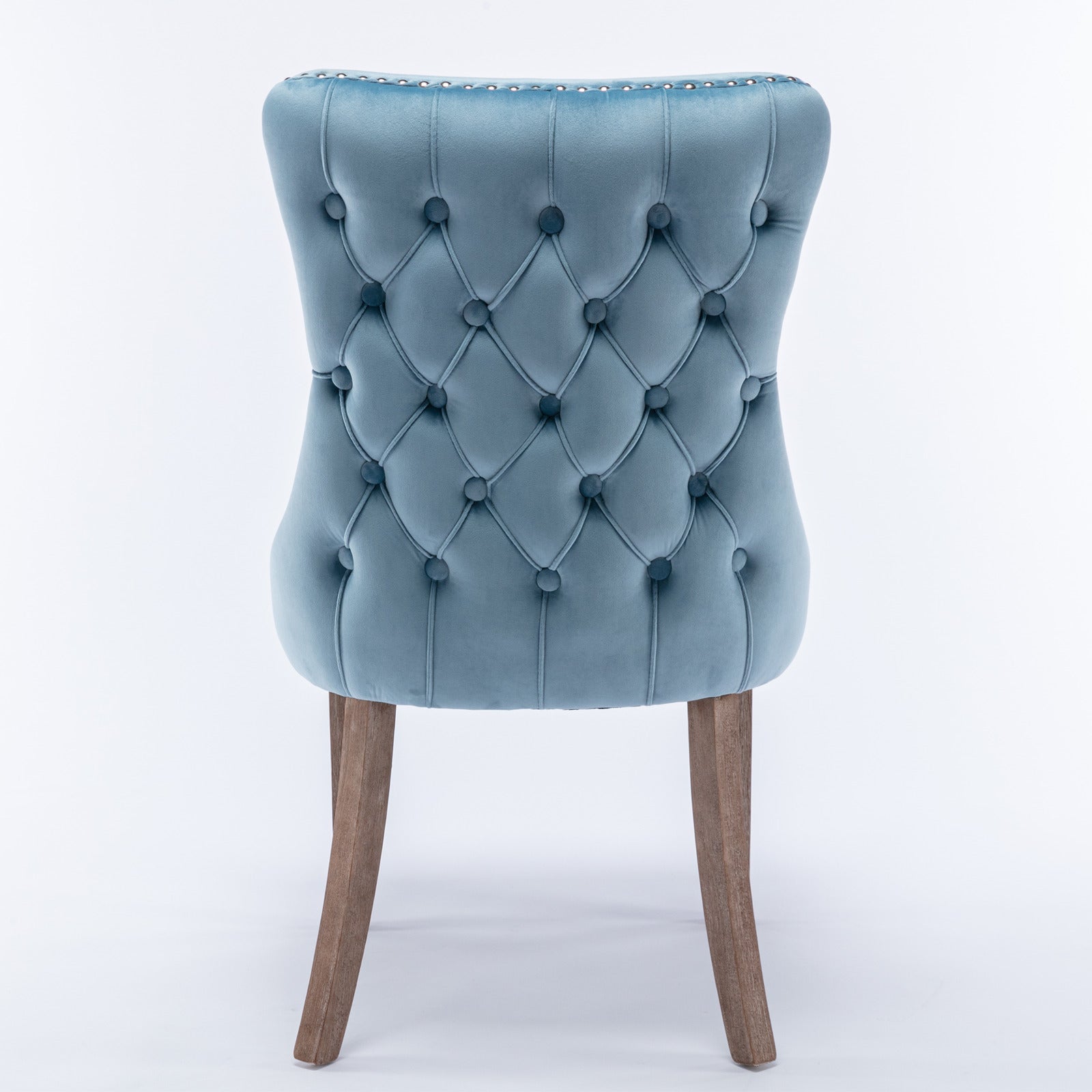 Missouri blue tufted dining chair rear view on white background