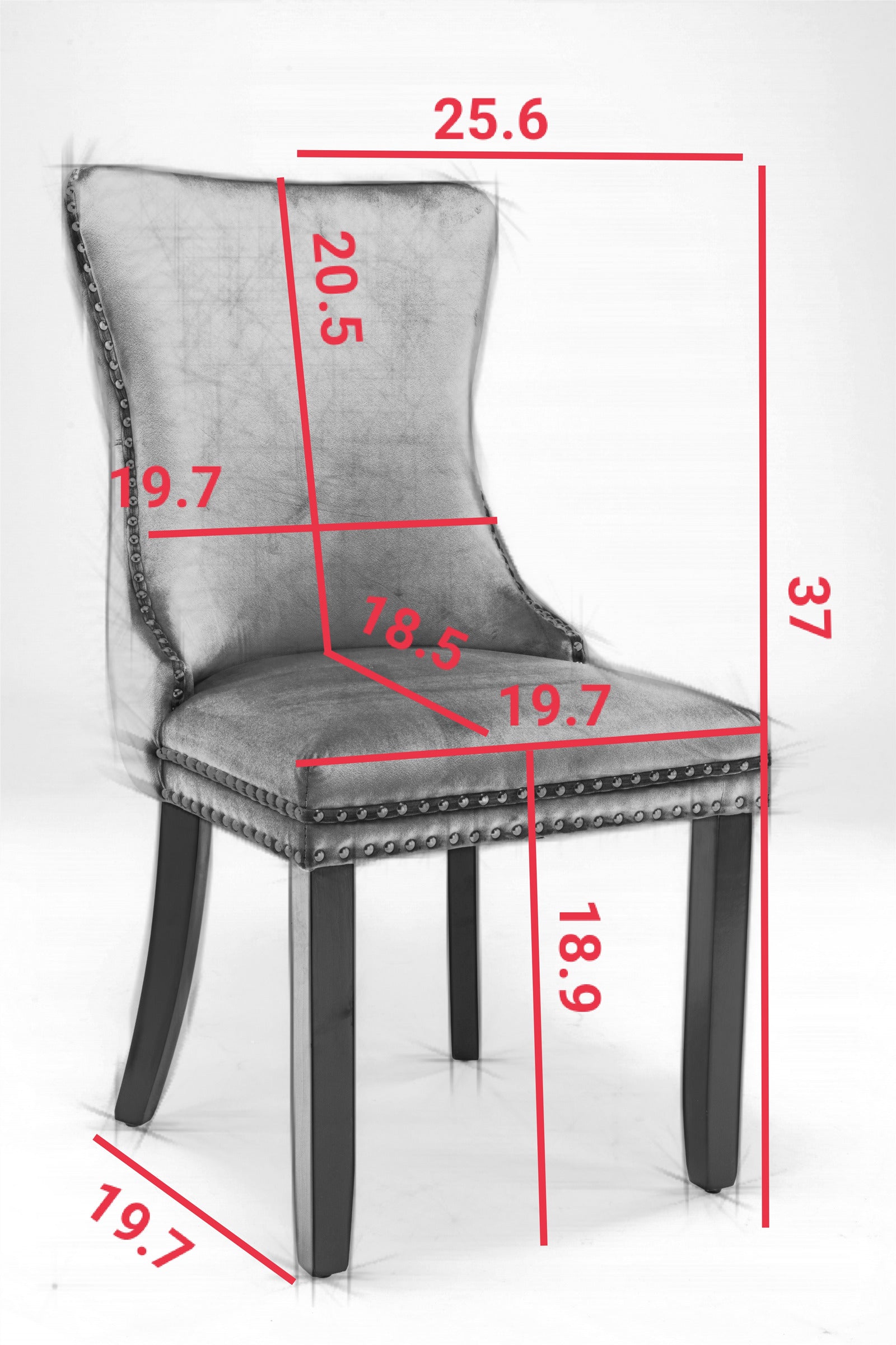 Missouri gray upholstered dining chair showing product dimensions with button tufted back and solid wood legs