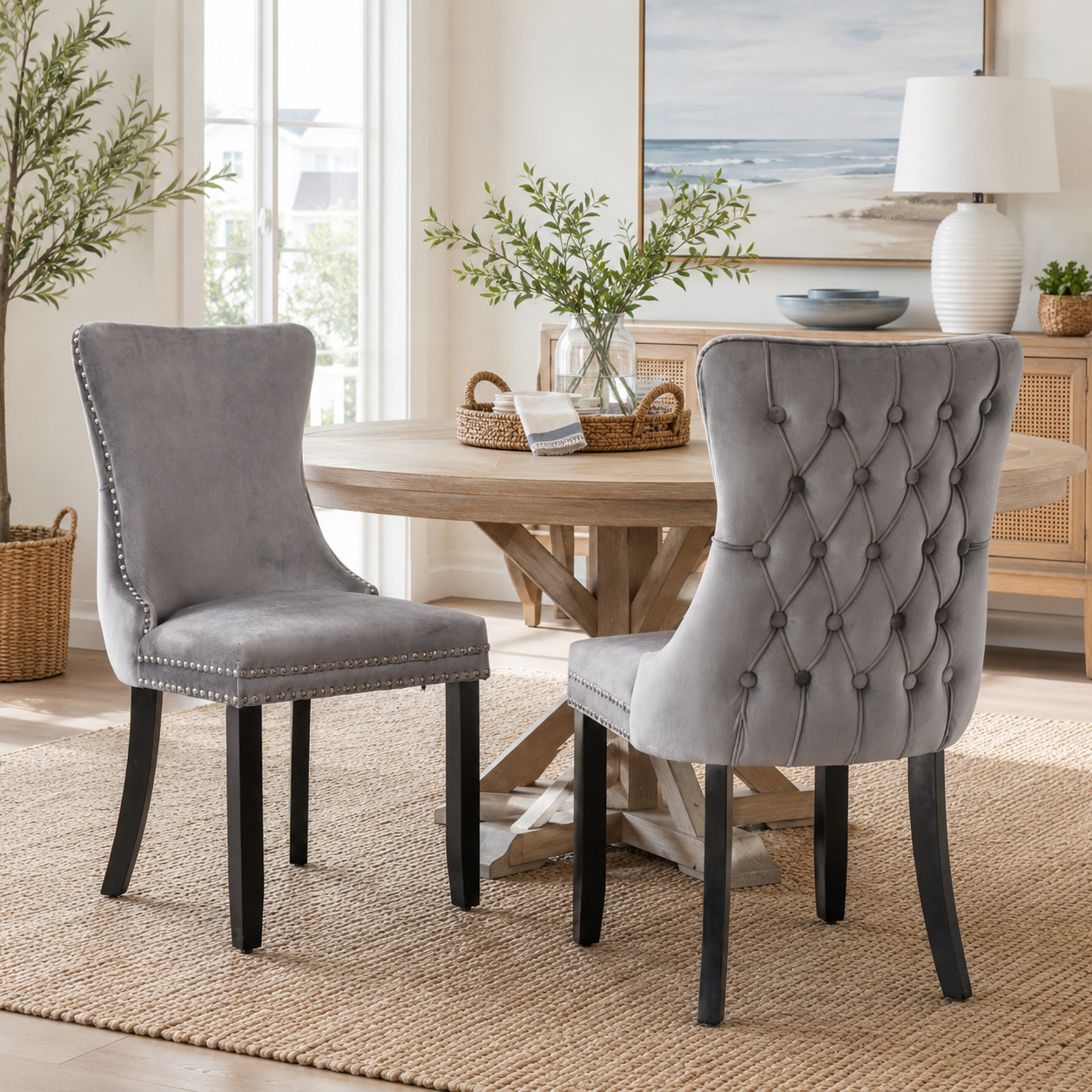Missouri gray upholstered dining chairs with tufted backs around a wood dining table