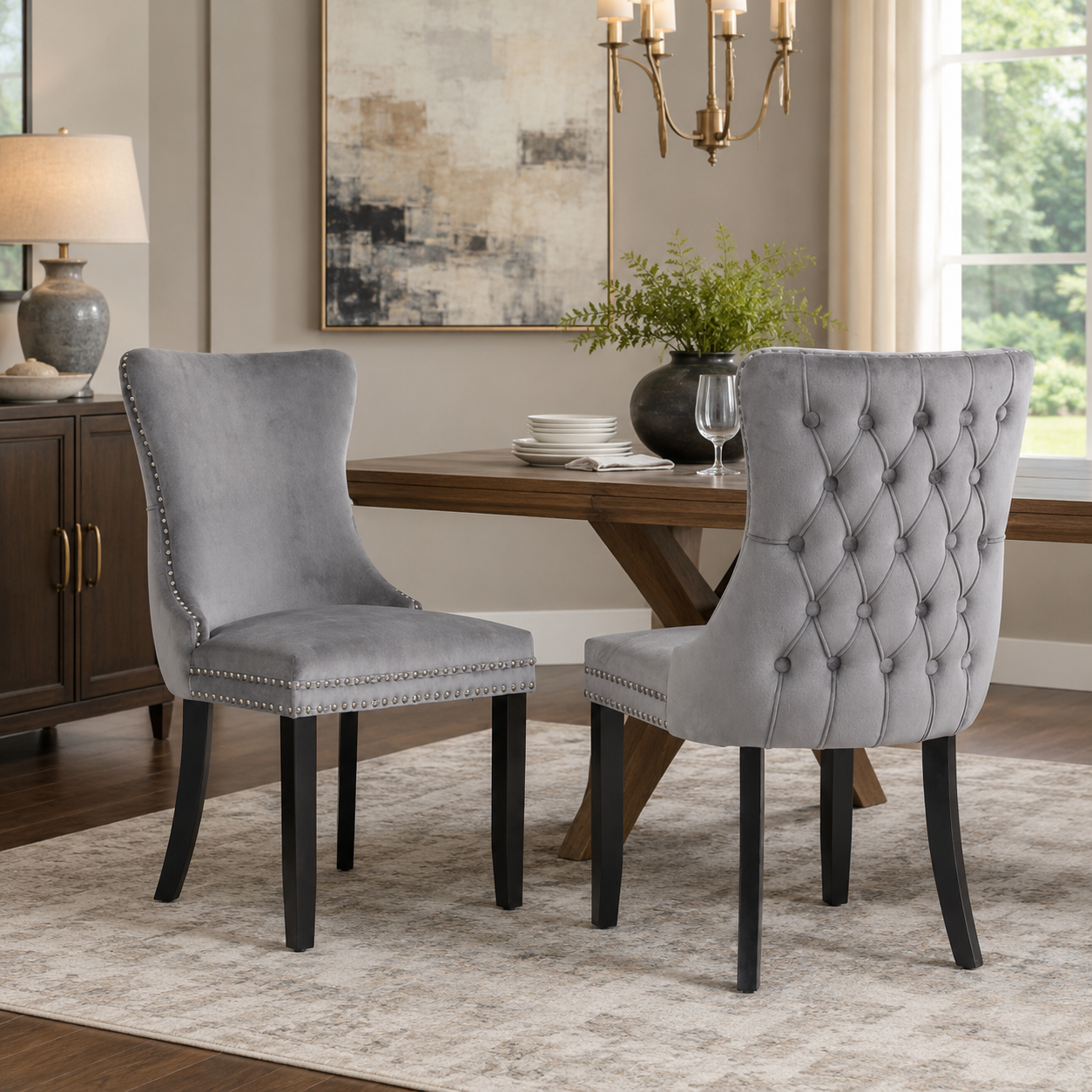 Missouri gray dining chairs with solid wood legs in a bright neutral dining room