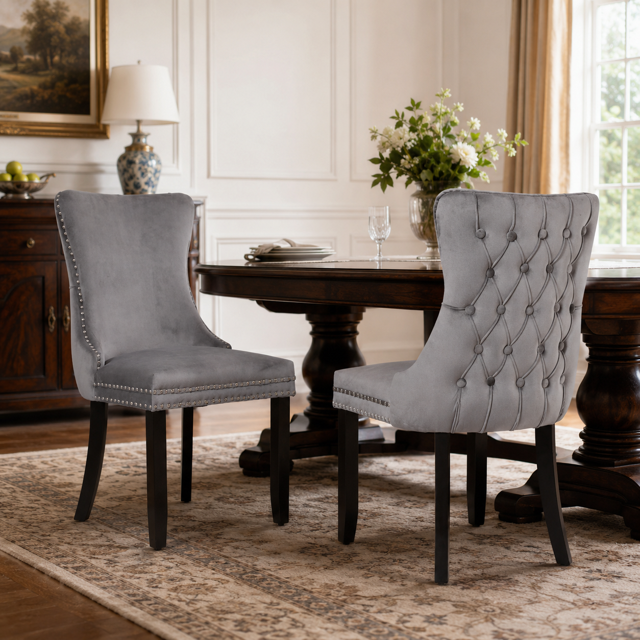 Missouri gray upholstered dining chair set in a modern dining space with natural light