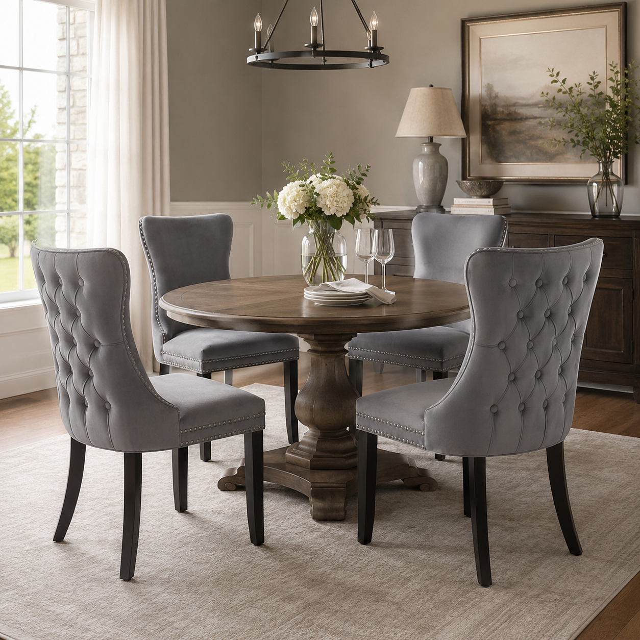 Missouri gray tufted dining chairs arranged around a dark wood dining table