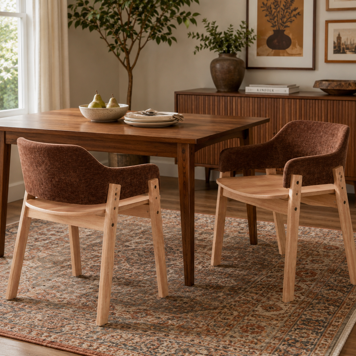Mjosa brown dining chair showing multiple chairs around a round dining table in a warm dining room