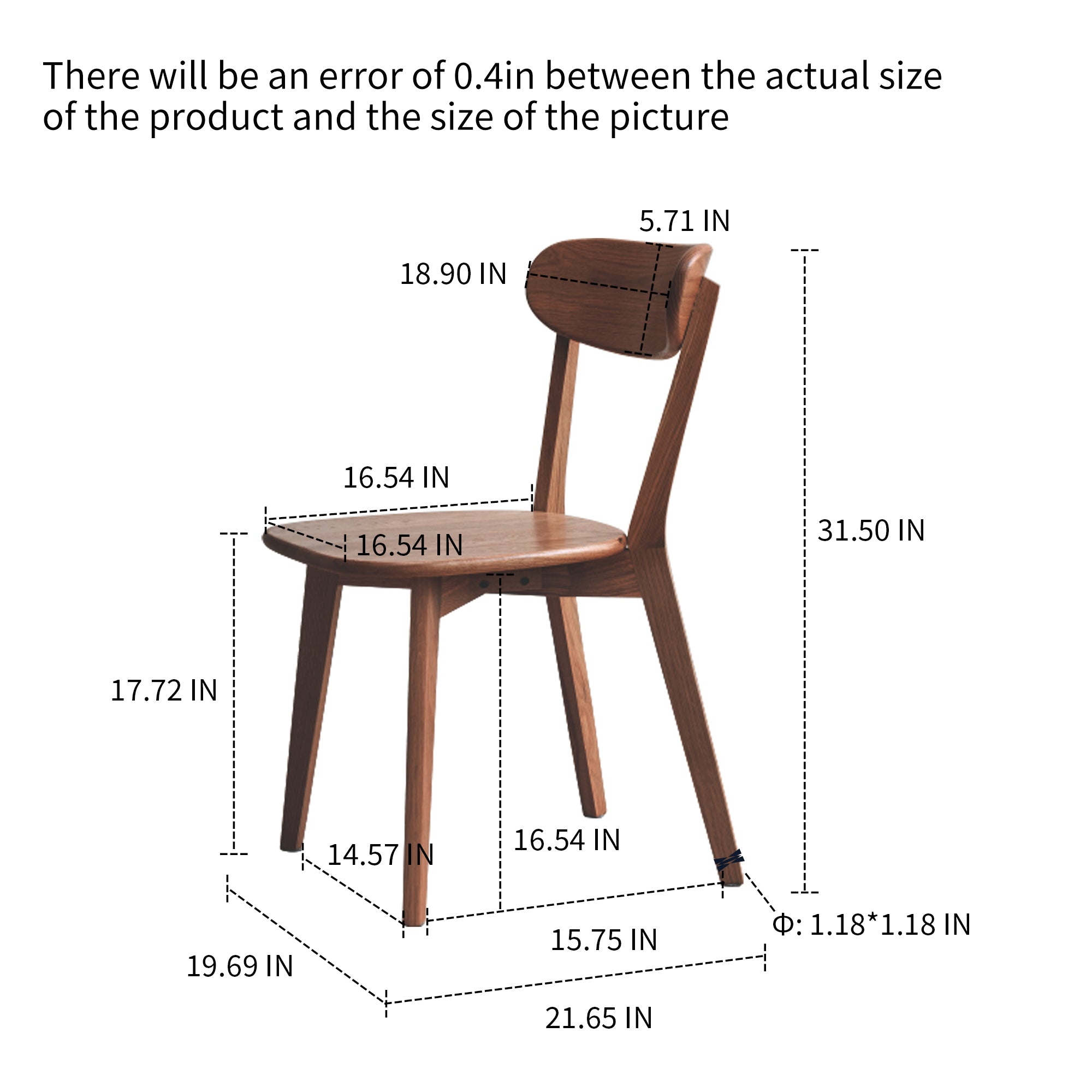 Mogan oak solid wood dining chair showing product dimensions with curved backrest and tapered legs