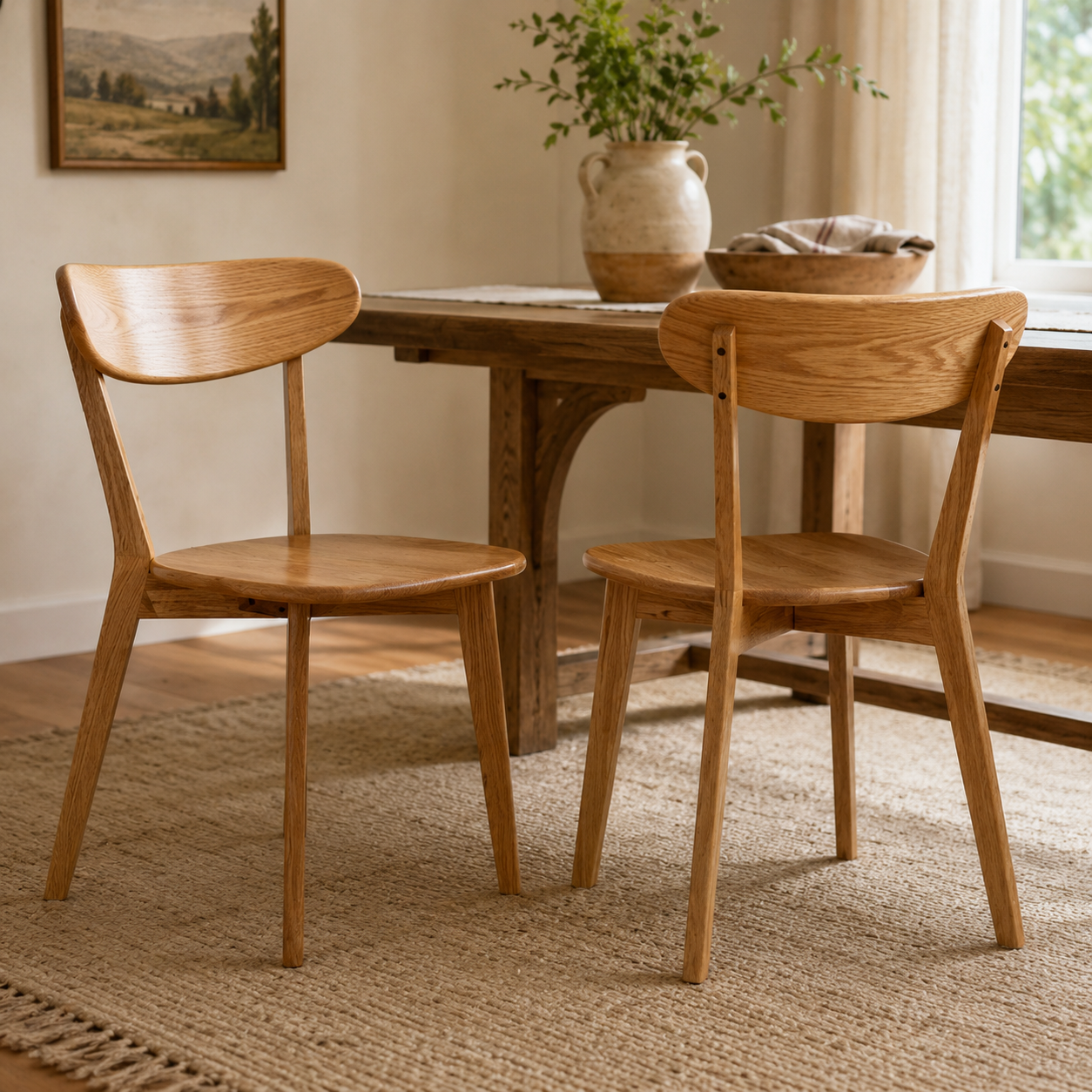 Mogan oak solid wood dining chairs set of two beside a round wood table in a bright dining room