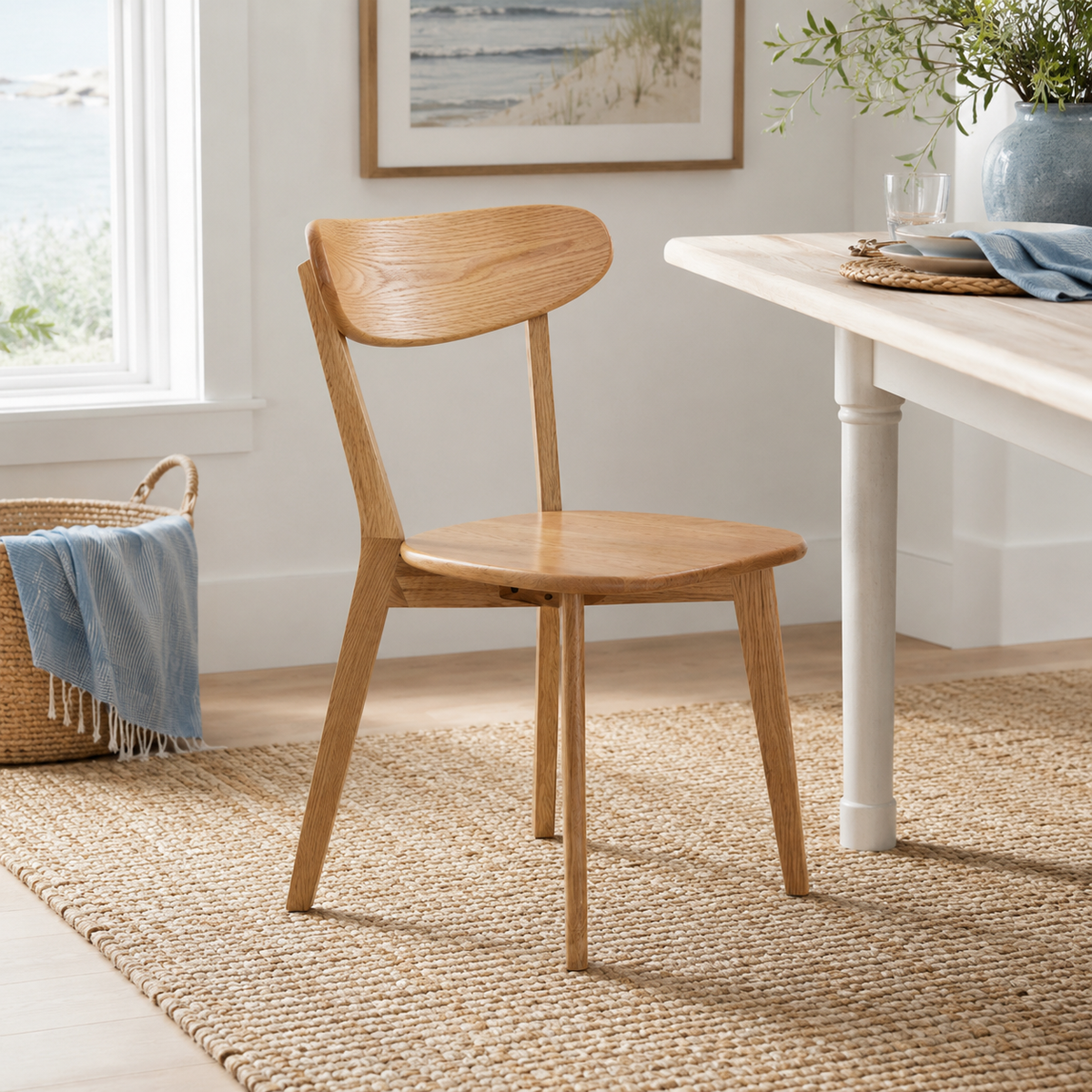Mogan oak dining chair in a warm dining space with natural wood flooring and neutral decor