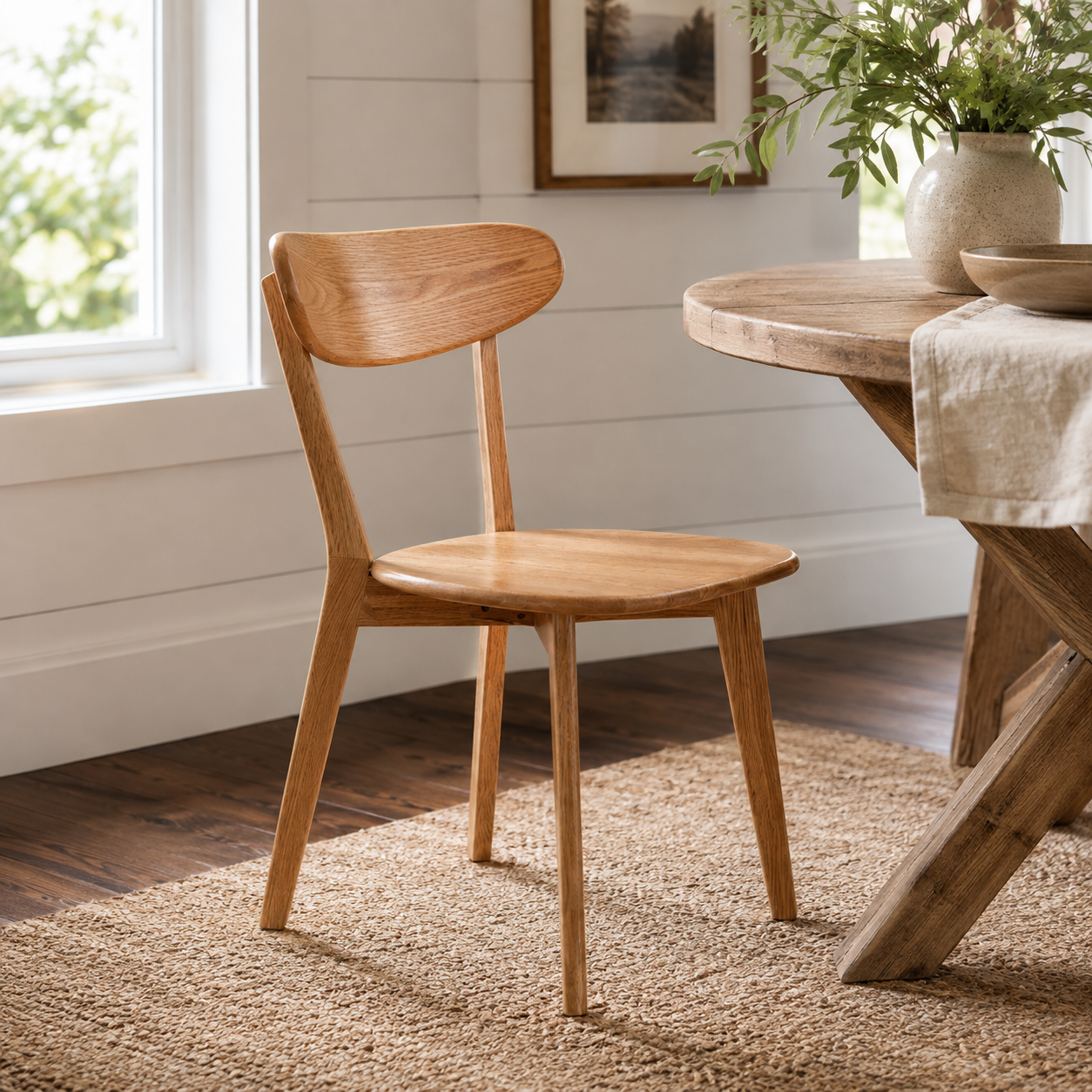 Mogan oak solid wood dining chair in a sunlit dining room with a round wood table