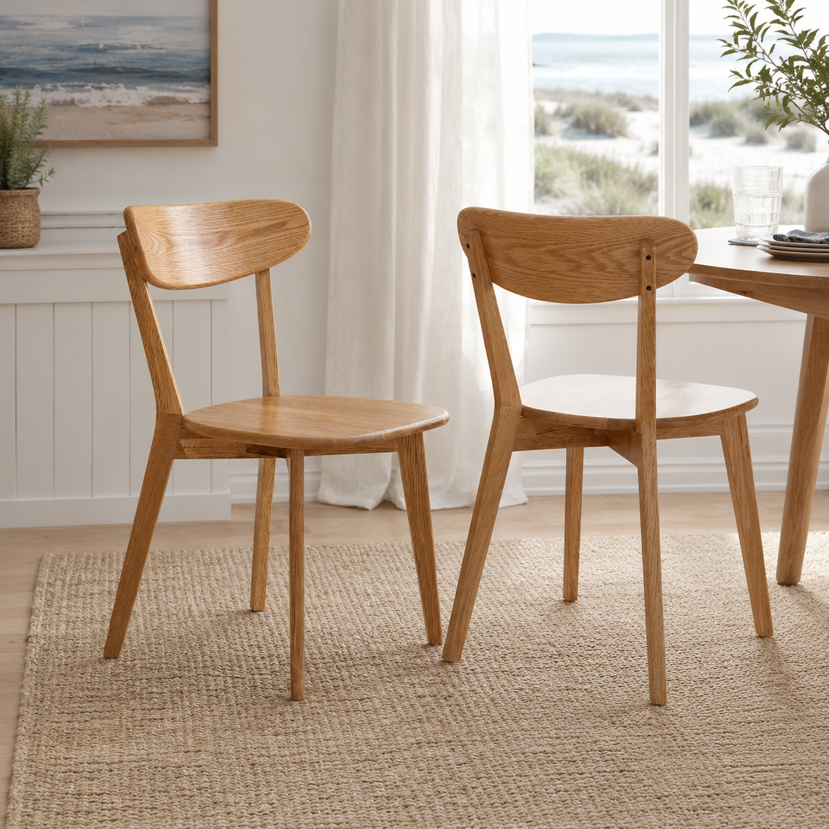 Mogan oak solid wood dining chairs in a sunlit room with neutral decor and wood furniture