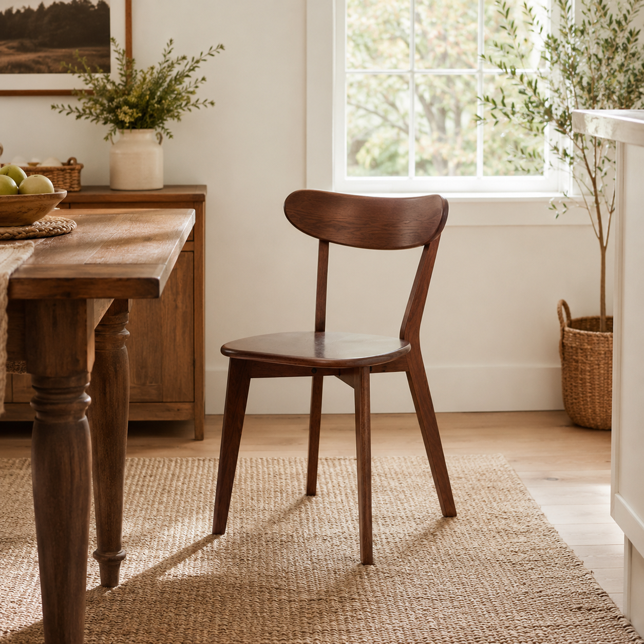 Mogan walnut solid wood dining chair beside a wood dining table in a warm modern dining room