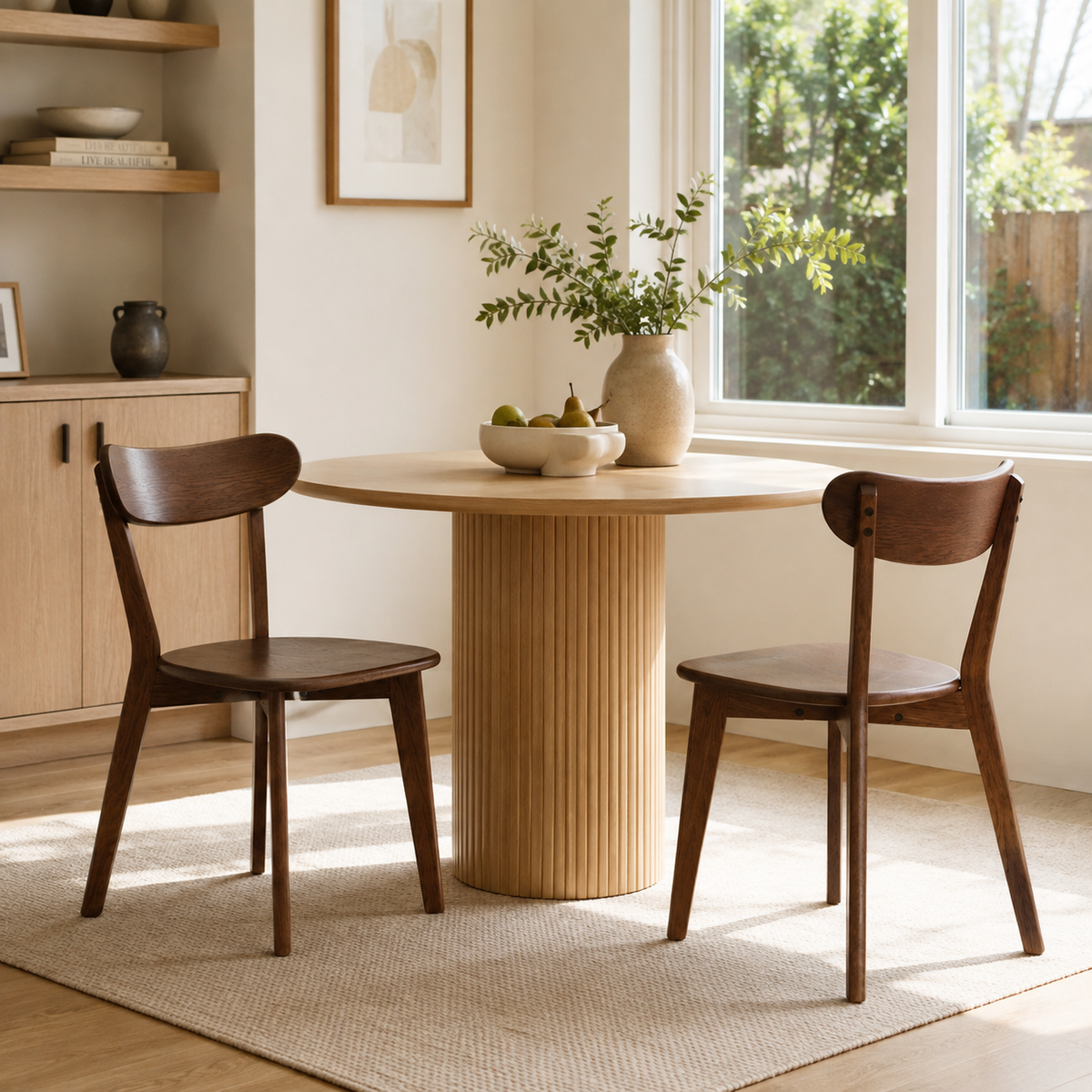 Mogan walnut solid wood dining chairs set of two beside a round wood dining table in a warm dining room