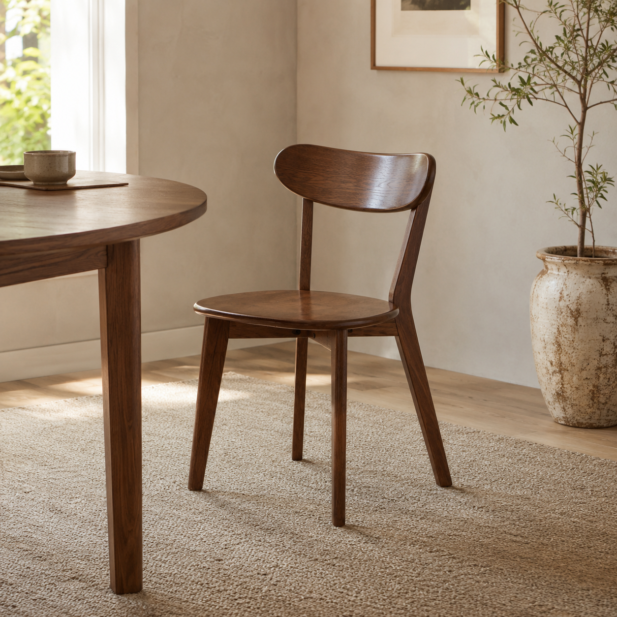 Mogan walnut solid wood dining chair in a bright dining space with natural wood furniture