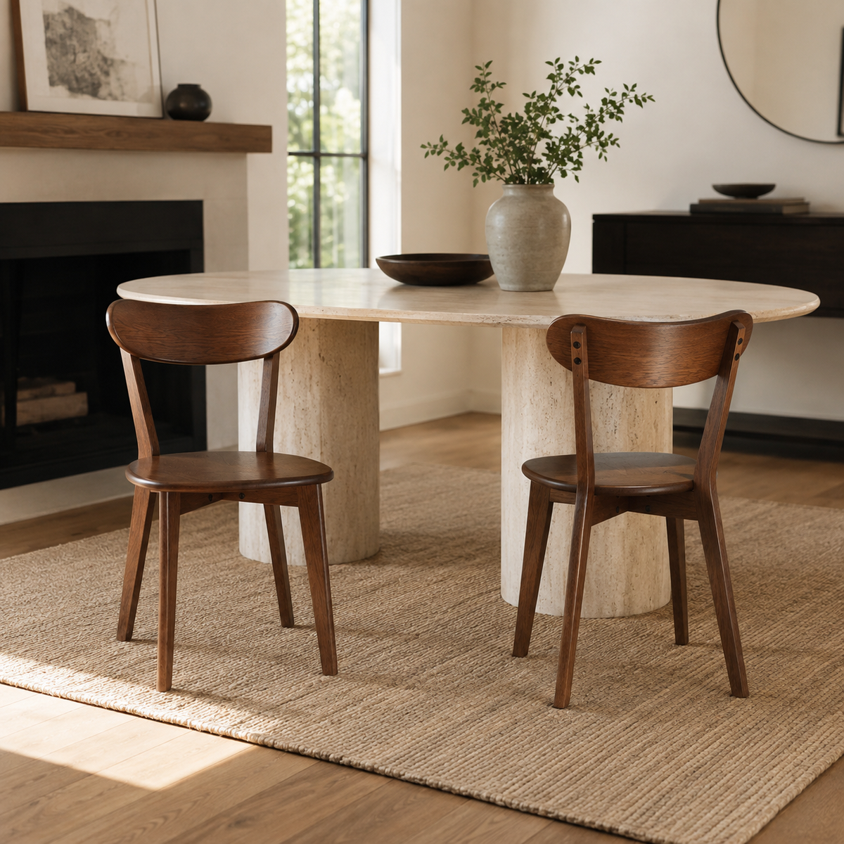 Mogan walnut solid wood dining chairs in a bright dining space with natural wood furniture
