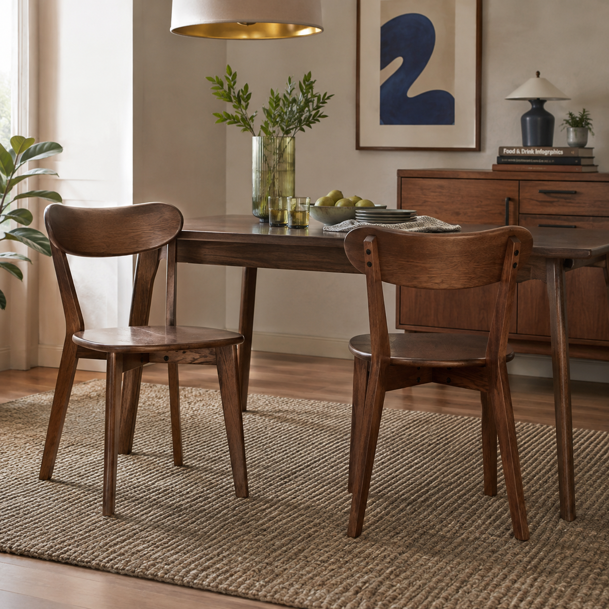 Mogan walnut dining chairs set of two around a wood table in a cozy modern dining room