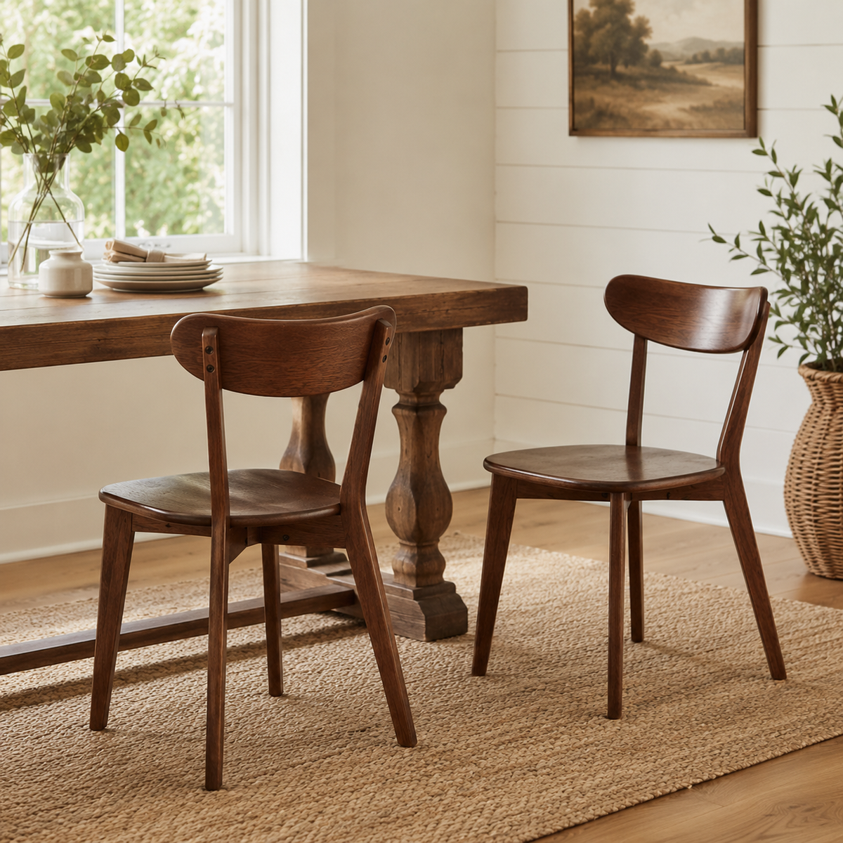 Mogan walnut solid wood dining chairs in a sunlit room with warm neutral decor