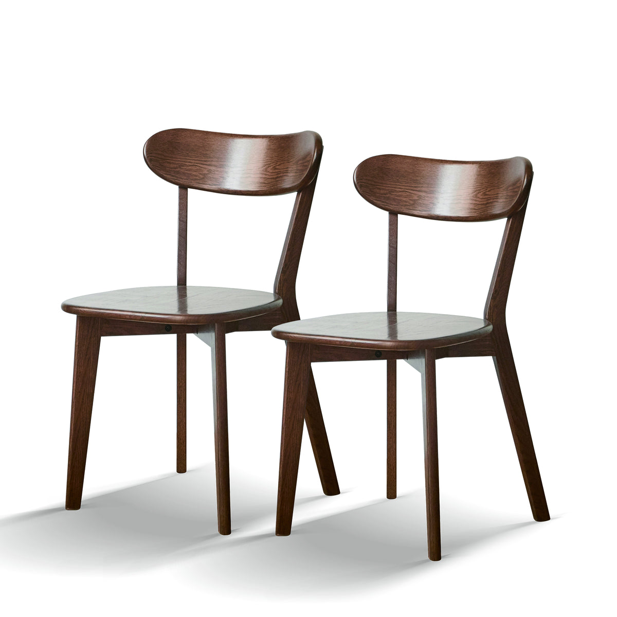 Mogan walnut solid wood dining chairs set of two front angled view on white background
