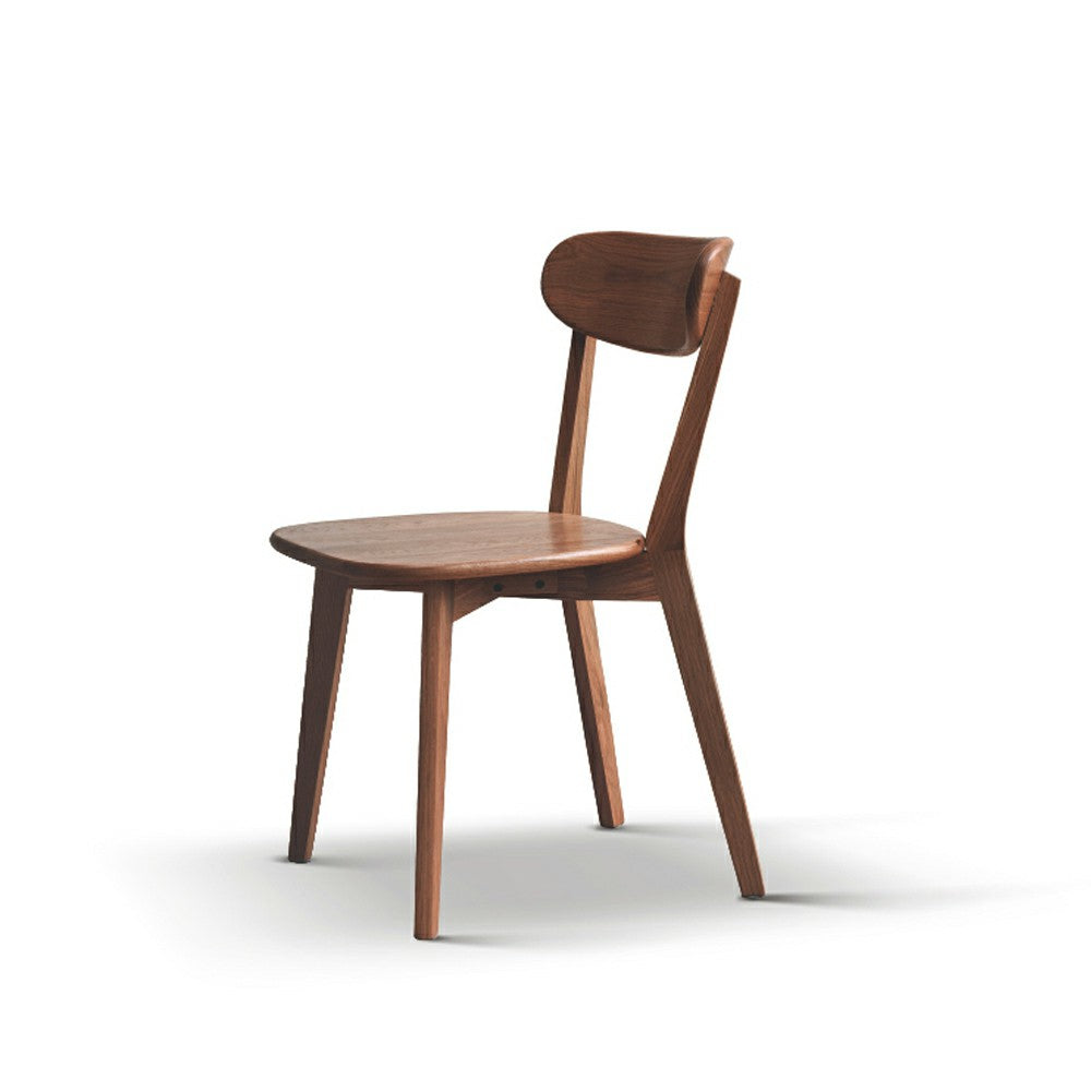 Mogan walnut dining chair front angled view showing curved wood backrest on white background