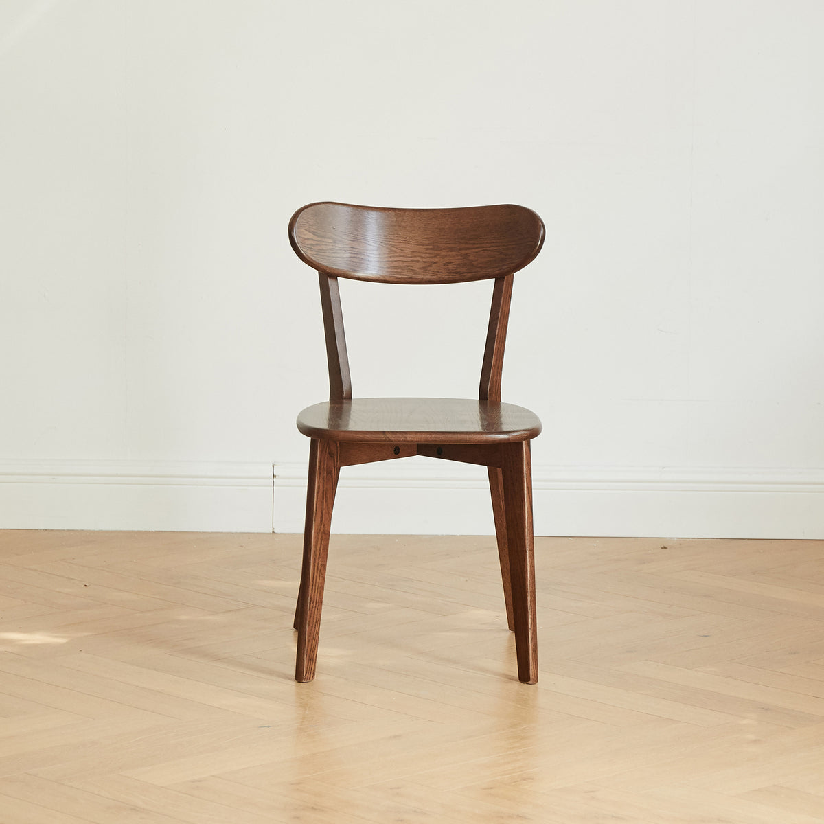 Mogan walnut solid wood dining chair straight front view on white background