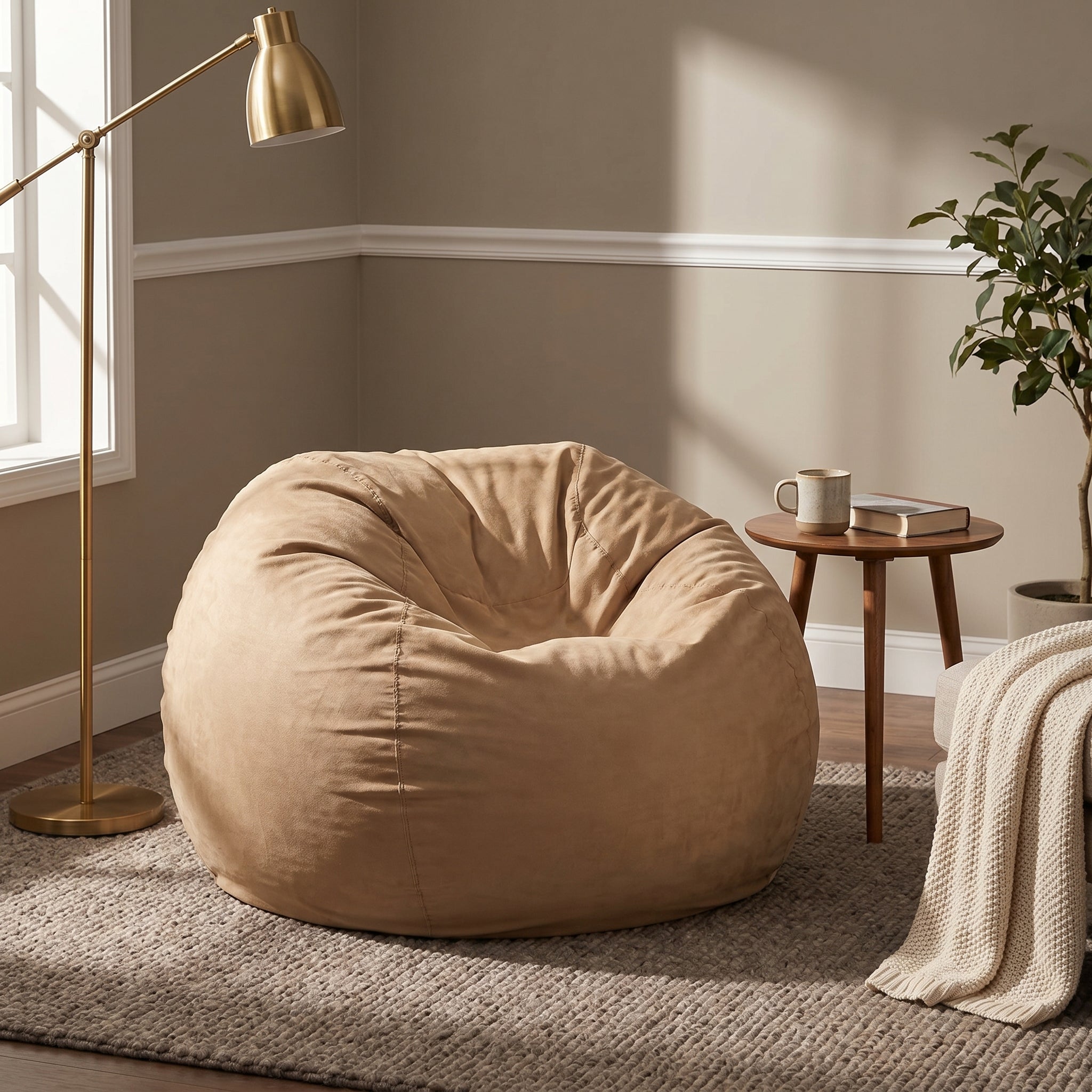 Mojave beige bean bag chair showing oversized seating in a warm living room