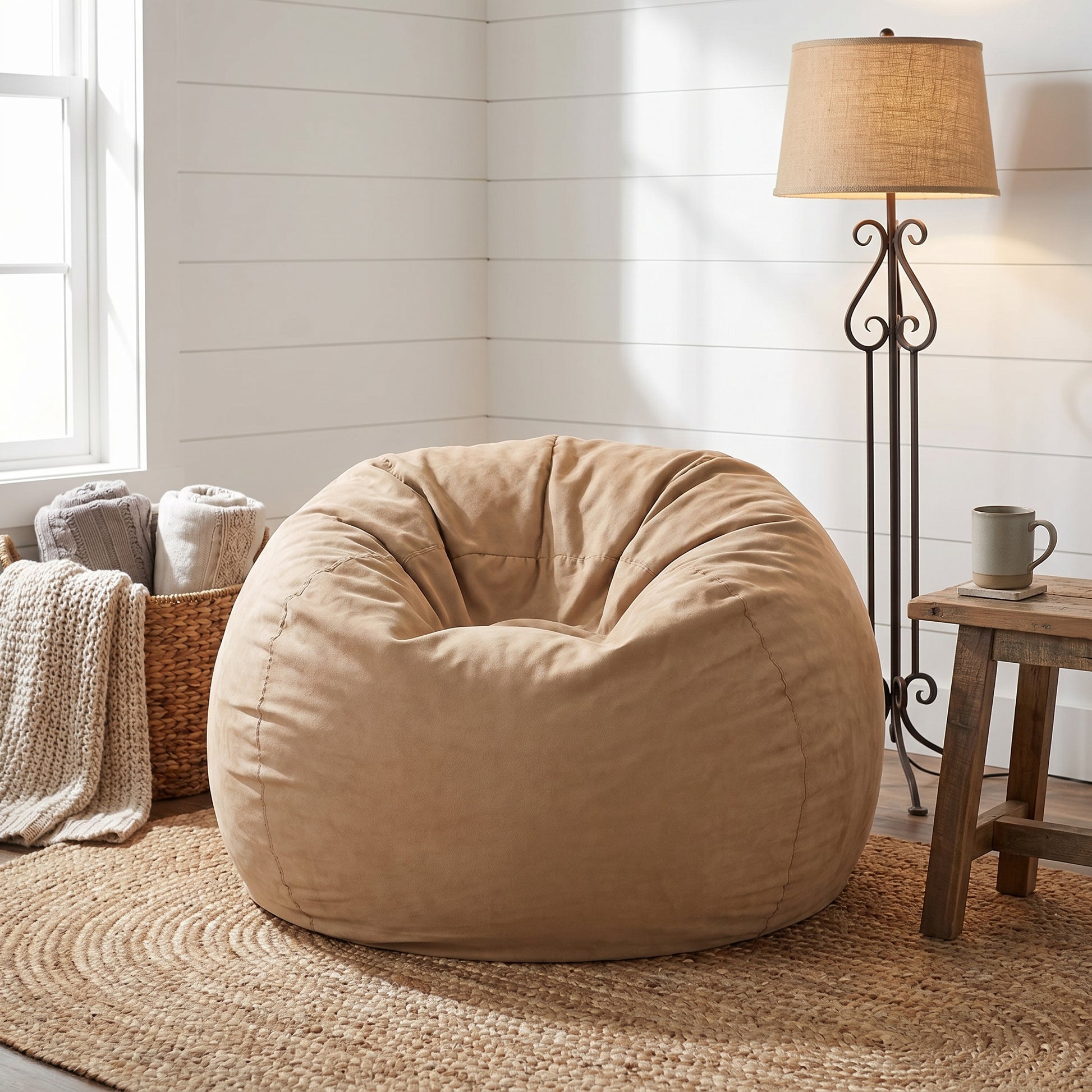 Mojave beige bean bag chair showing relaxed seating beside a floor lamp