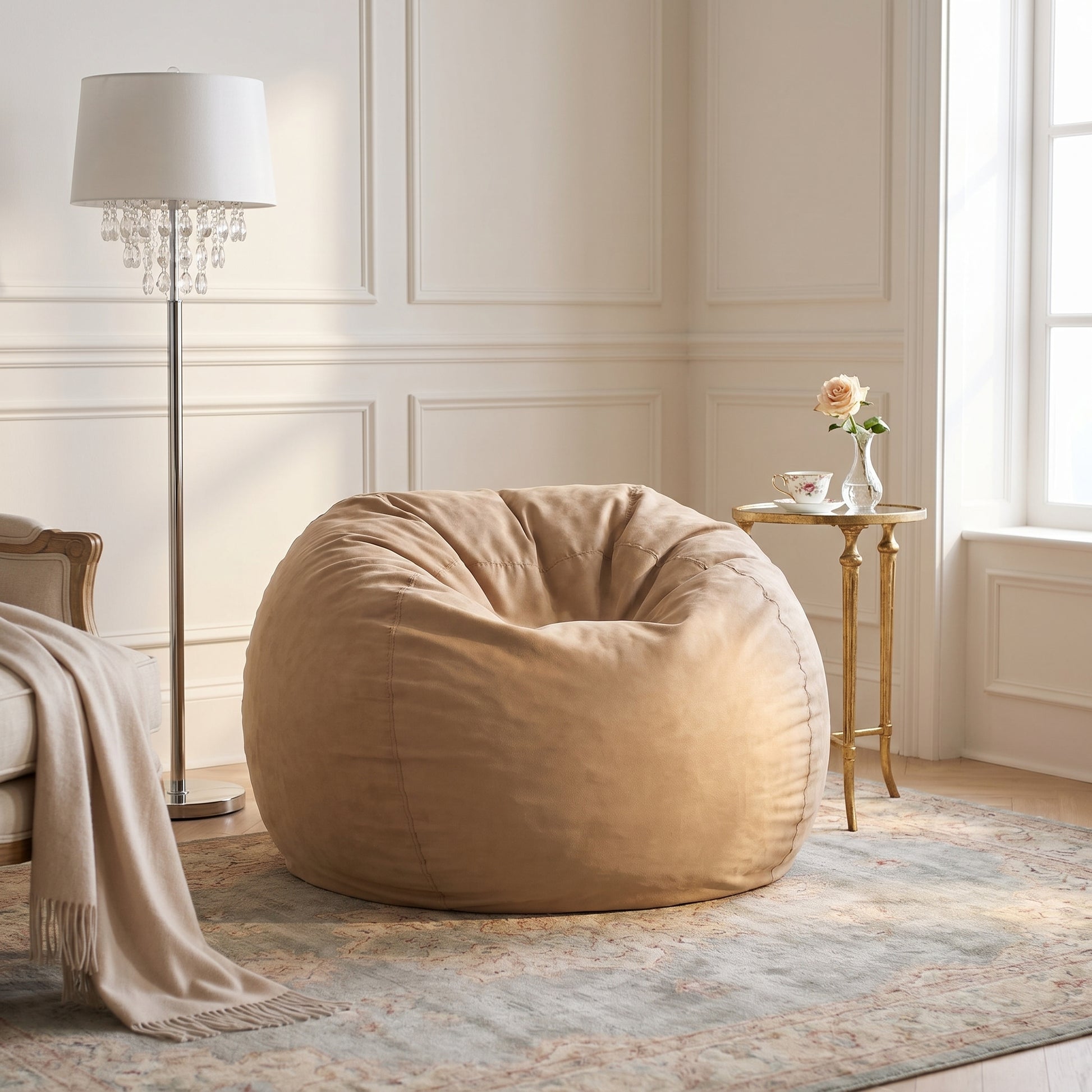 Mojave beige bean bag chair showing casual seating in a bright home interior
