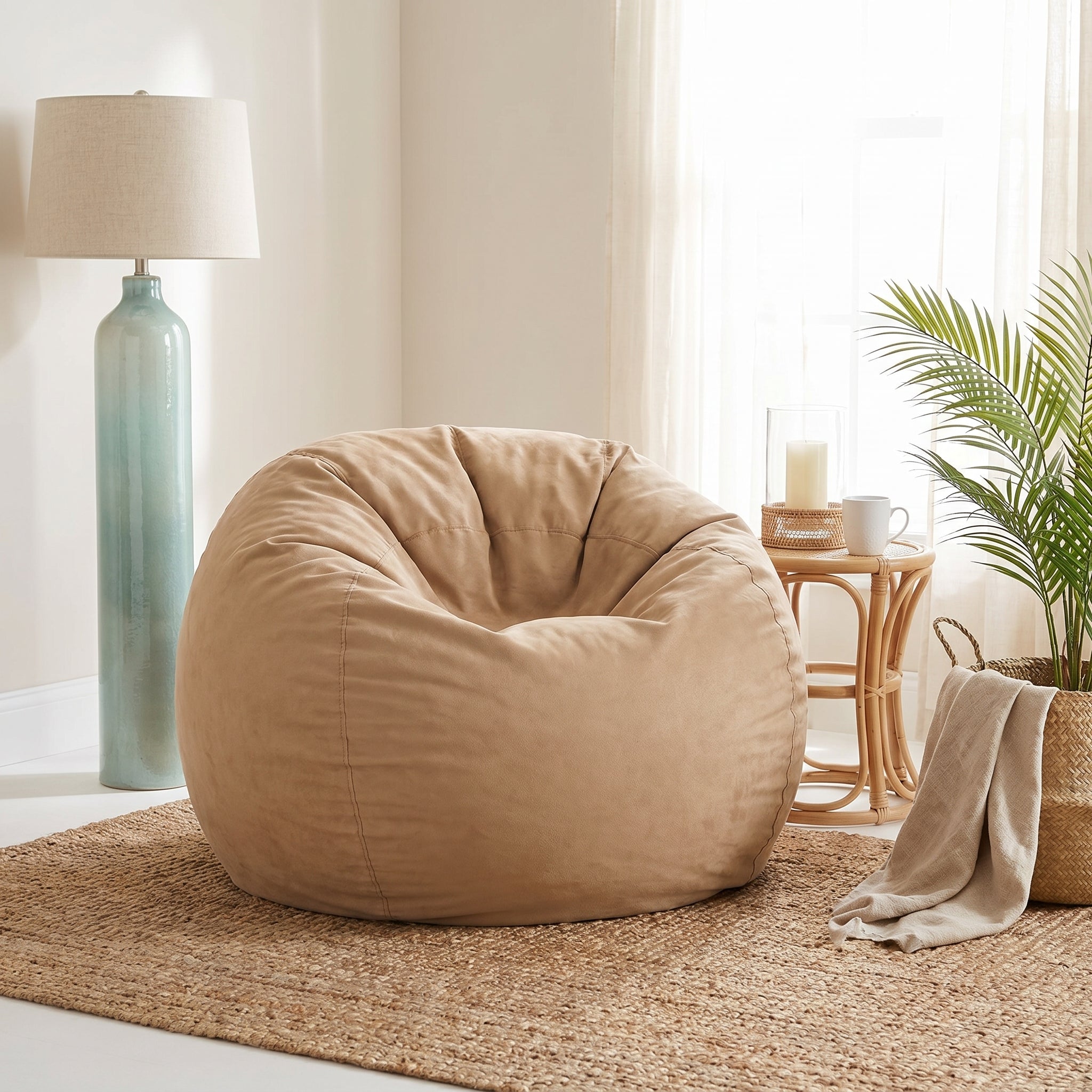 Mojave beige bean bag chair showing casual seating in a bright home interior