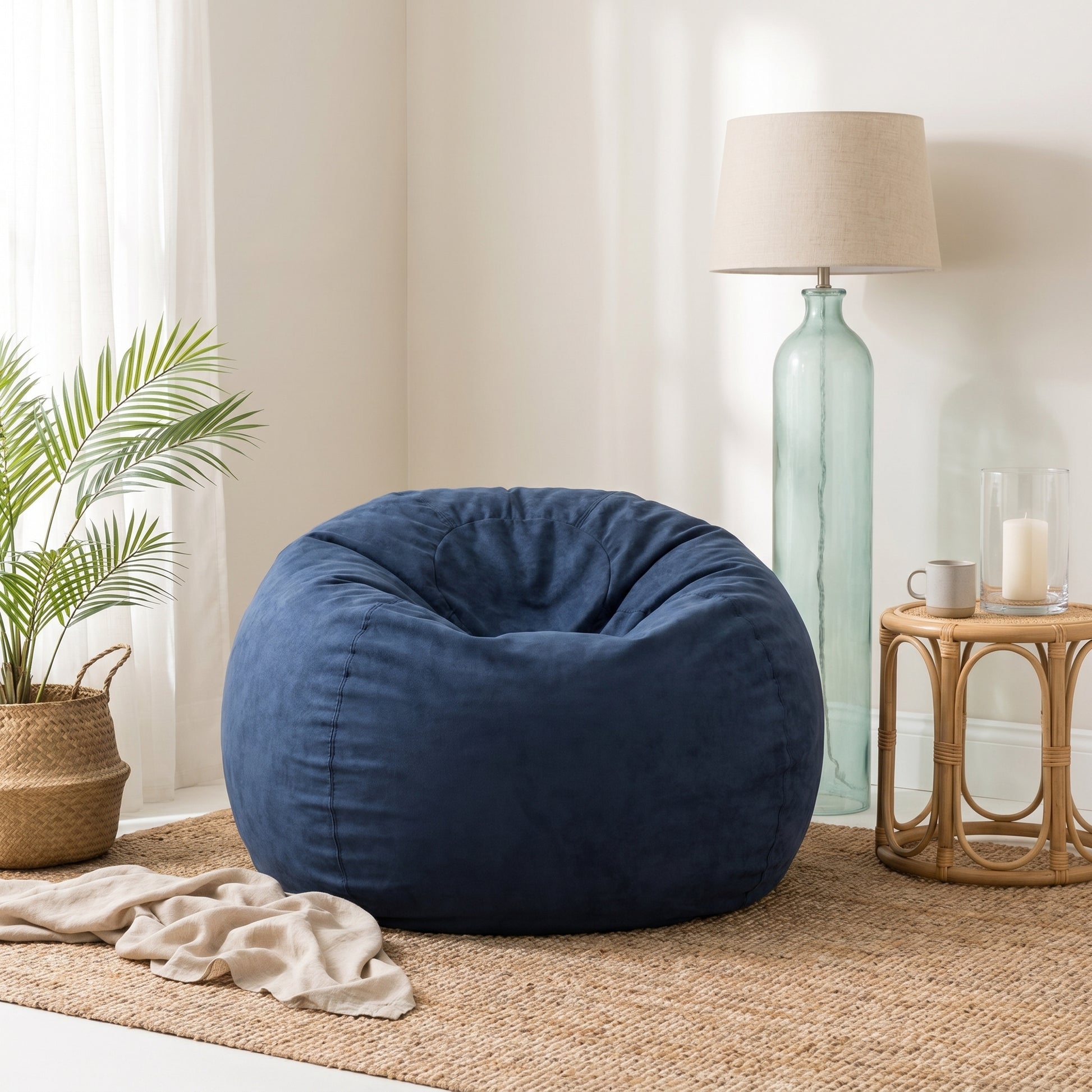 Mojave blue bean bag chair showing relaxed seating in a bright home interior