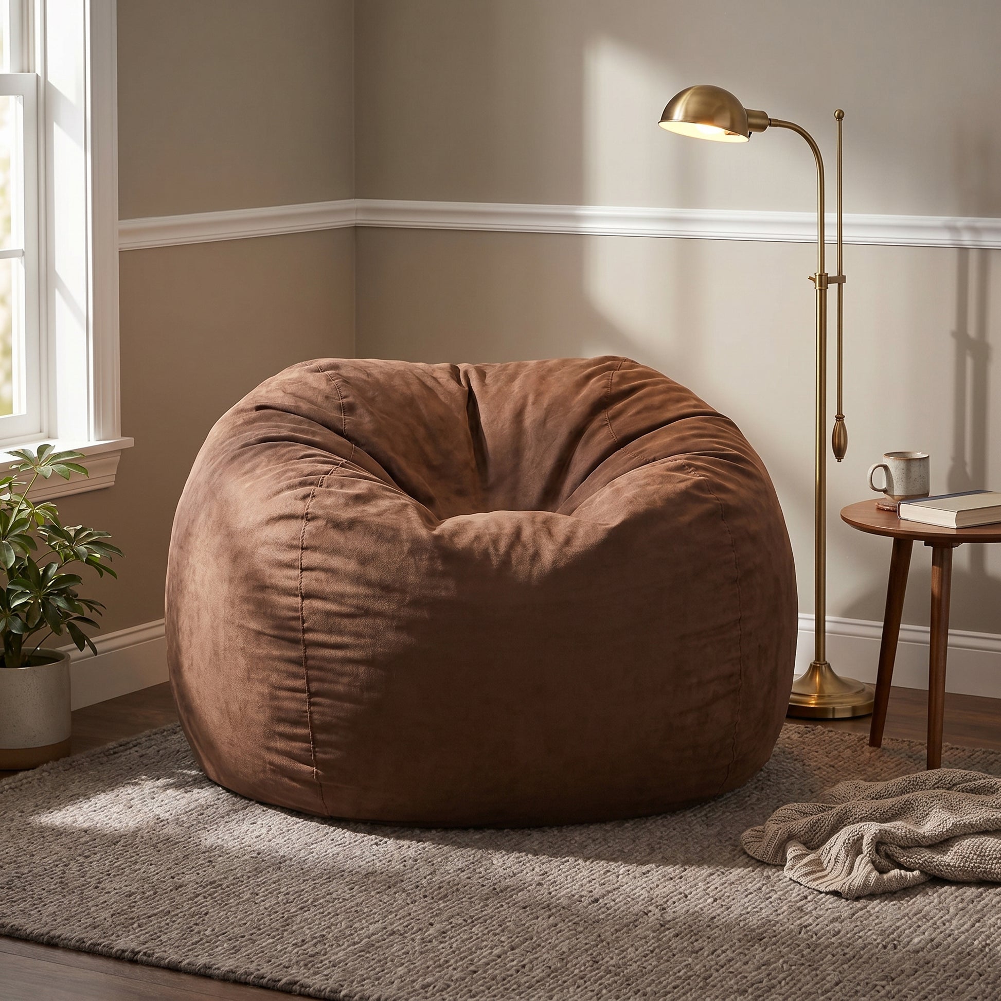 Mojave brown bean bag chair showing oversized seating in a modern living room