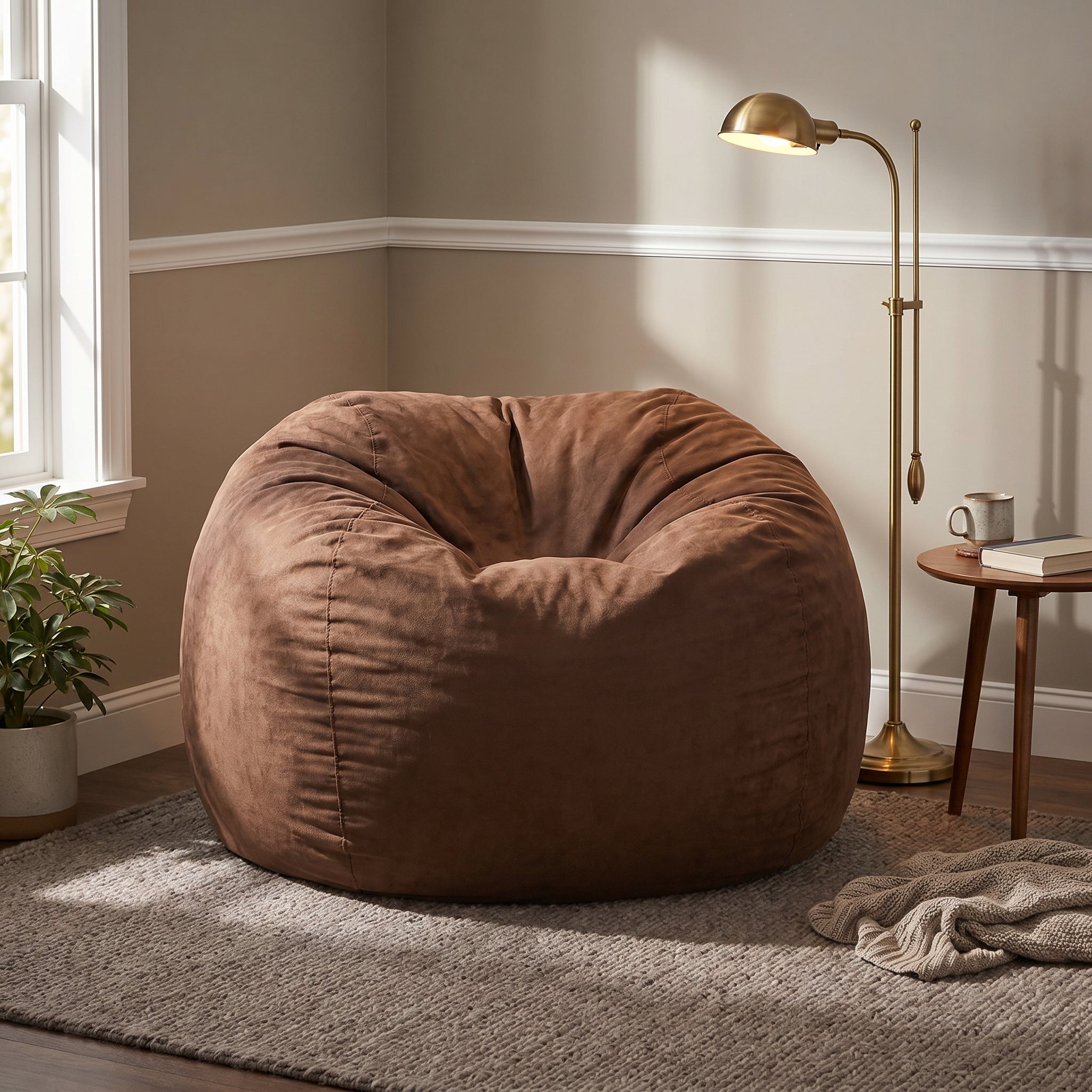 Mojave brown bean bag chair showing oversized seating in a modern living room
