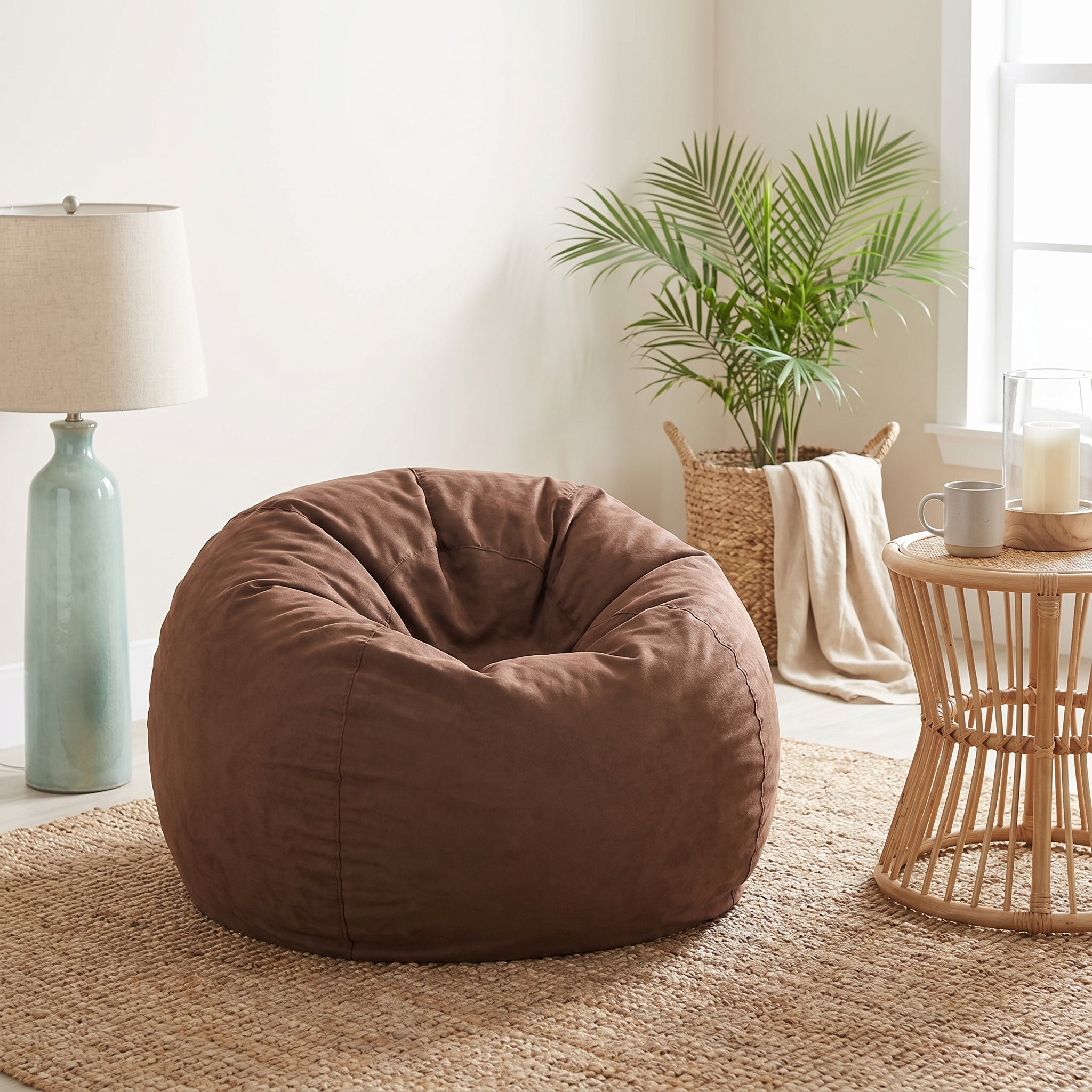 Mojave brown bean bag chair showing relaxed seating in a cozy home interior