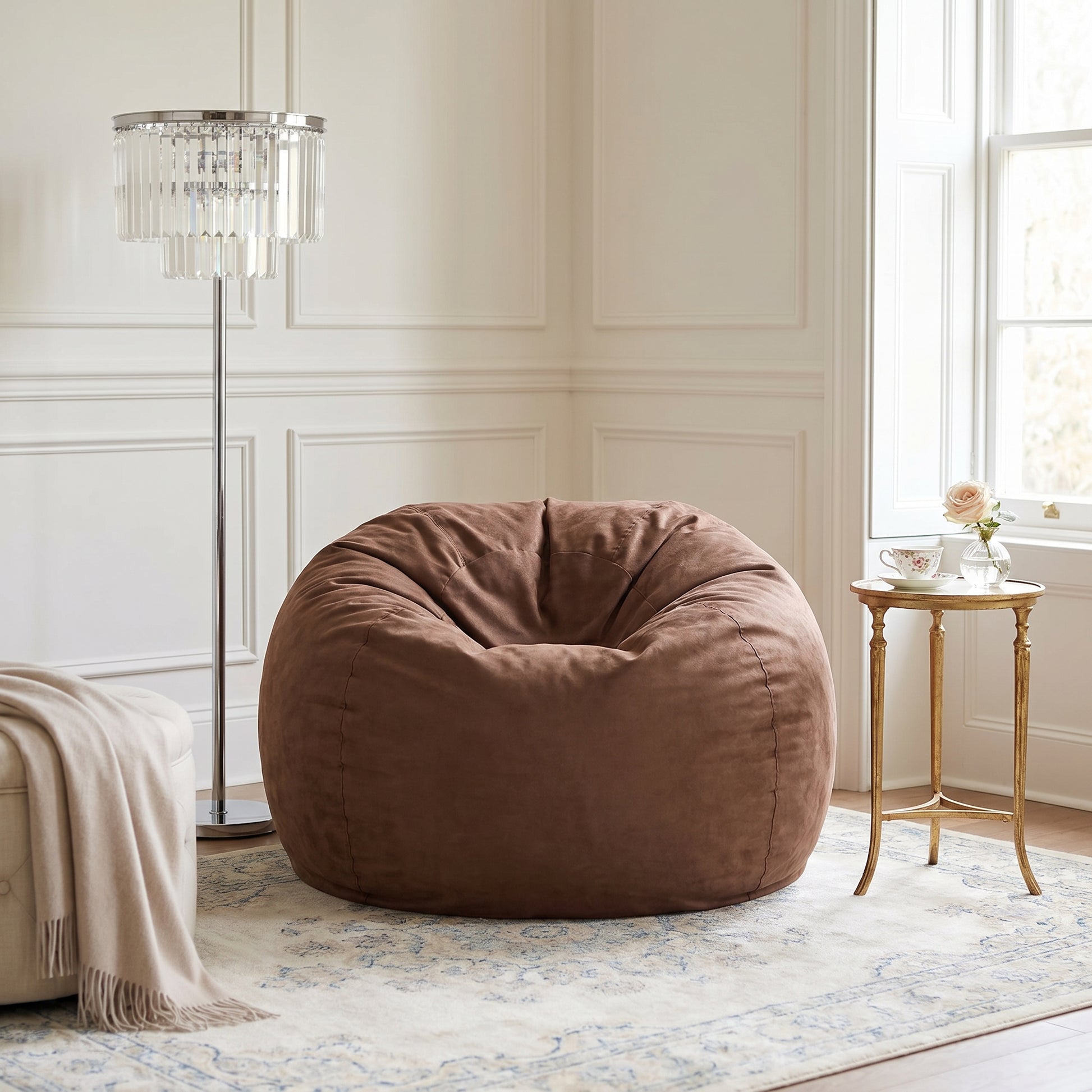 Mojave brown bean bag chair showing comfortable seating beside a plant