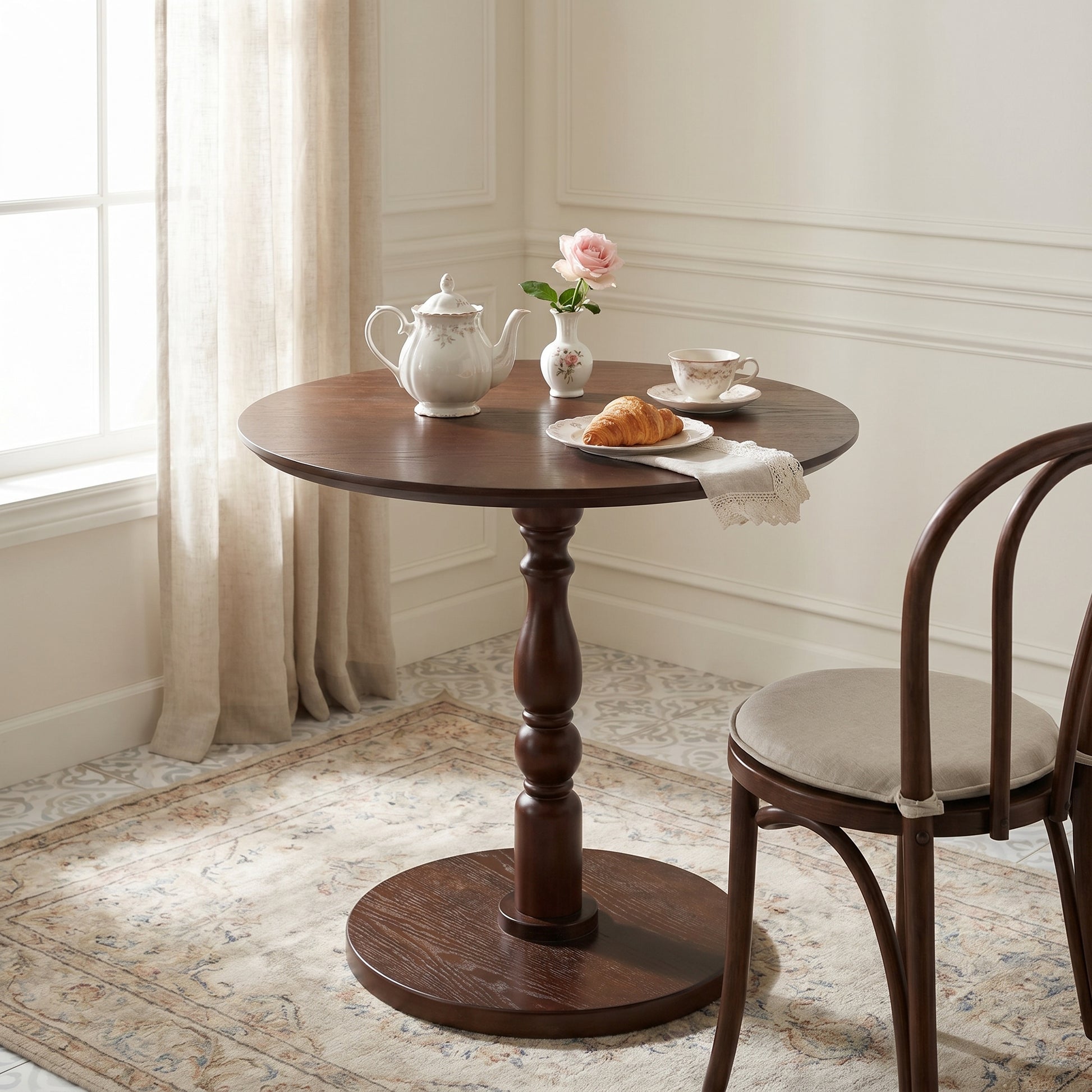Monaco walnut side table showing a styled round table in a cozy dining space