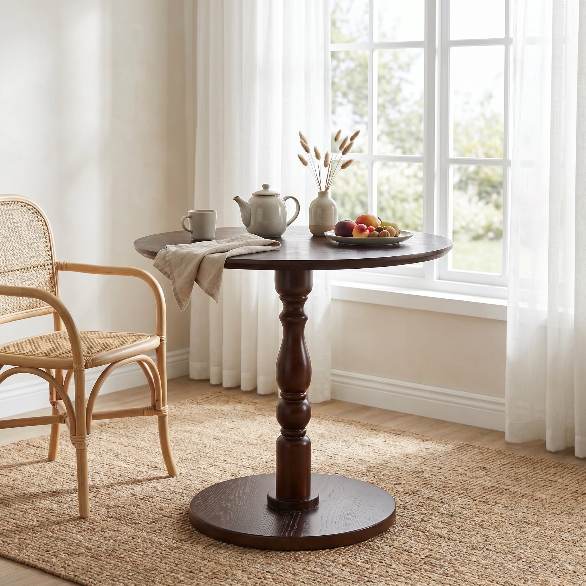 Monaco walnut side table showing a styled round table in a cozy dining space