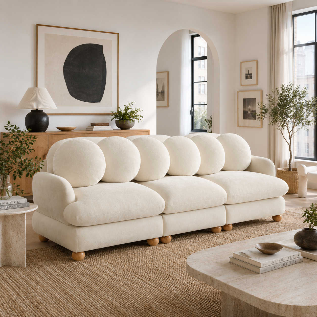 Montclair 95" 3-Seater Modular Chenille Sofa with 6 Round Pillows