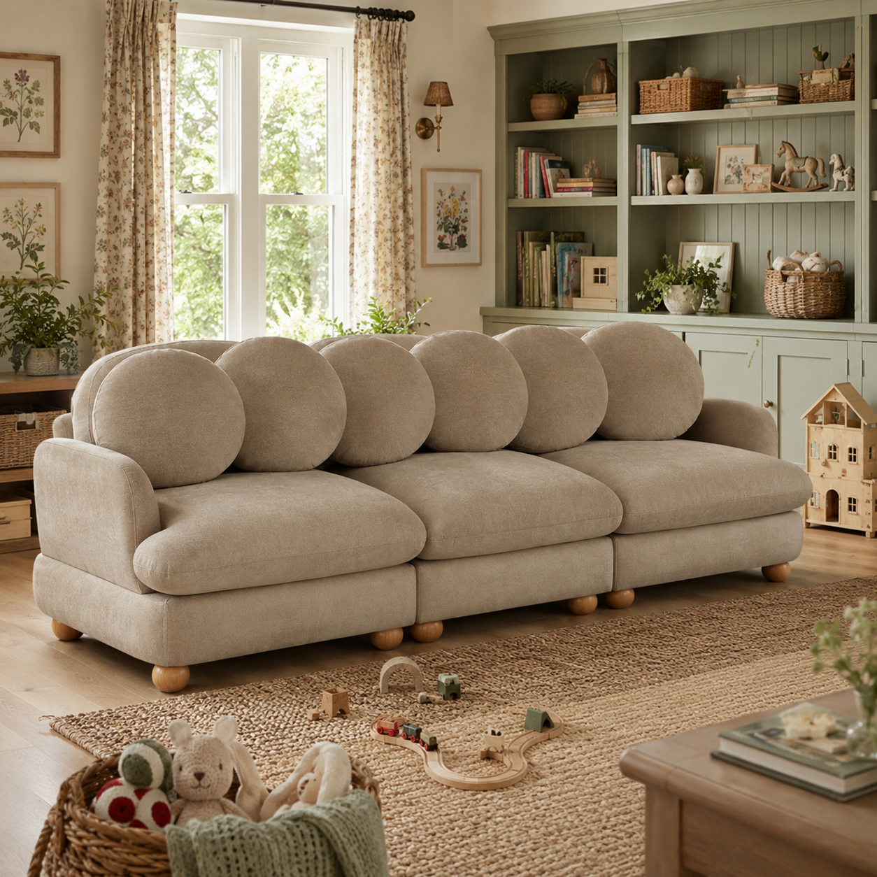Montclair 95" 3-Seater Modular Chenille Sofa with 7 Round Pillows