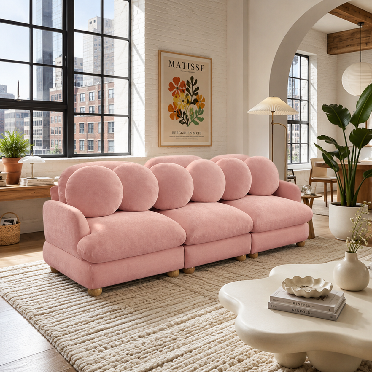 Montclair 95" 3-Seater Modular Chenille Sofa with 6 Round Pillows