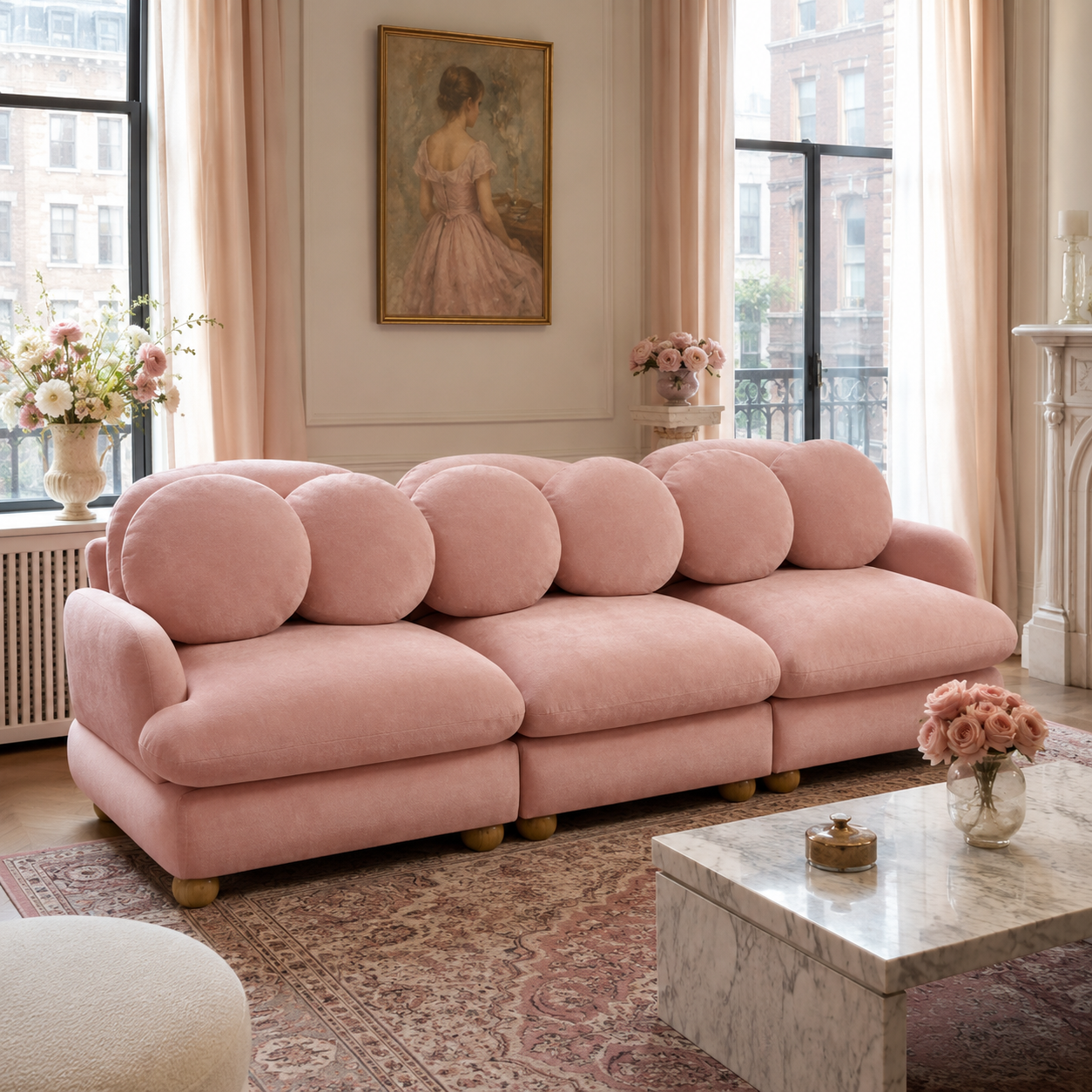 Montclair 95" 3-Seater Modular Chenille Sofa with 6 Round Pillows