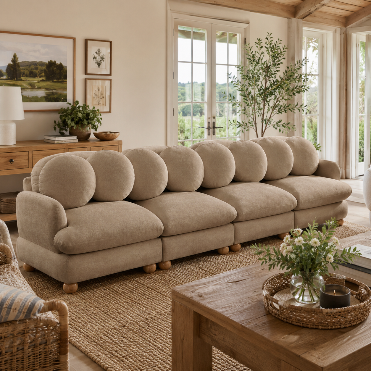 Montclair 123" 4-Seater Modular Chenille Sofa with 9 Round Pillows