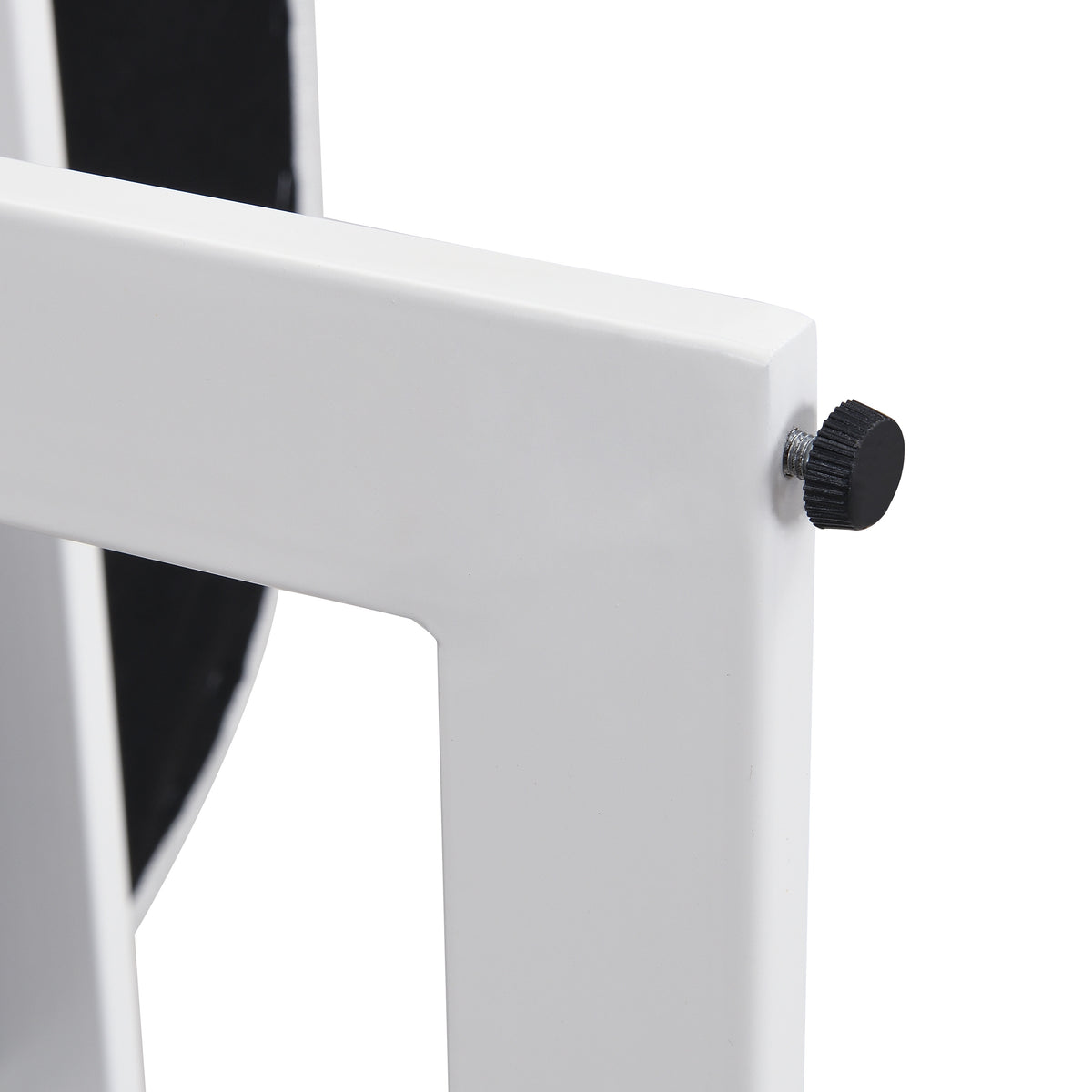 Morava white upholstered metal dining armchair showing metal frame corner detail