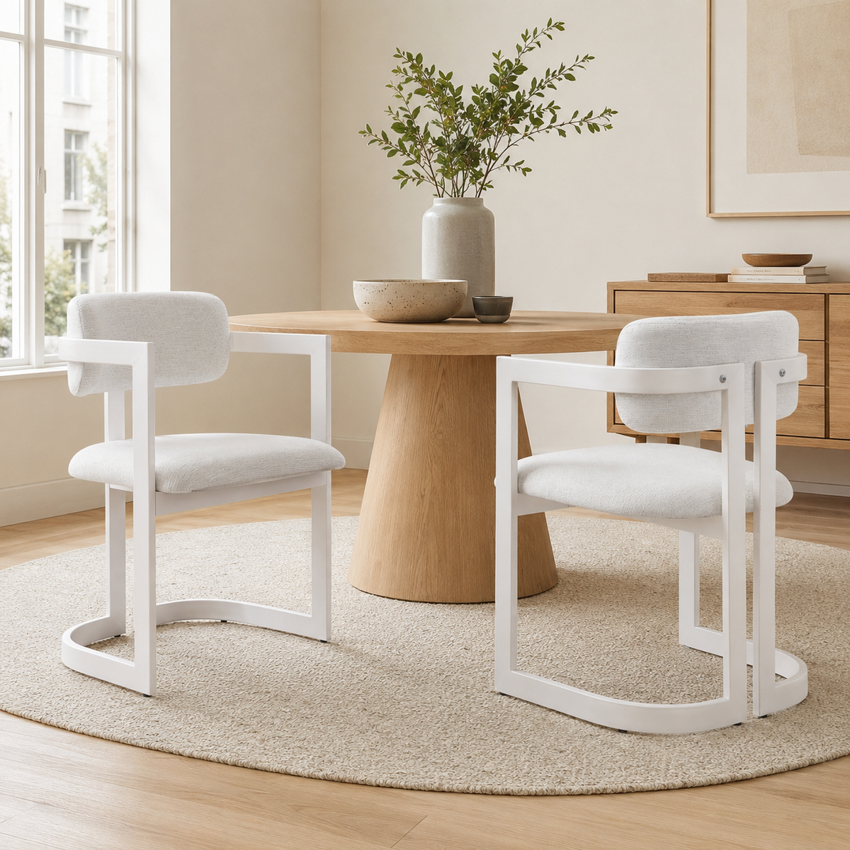 Pair of Morava white upholstered metal dining armchairs by a round dining table near large windows